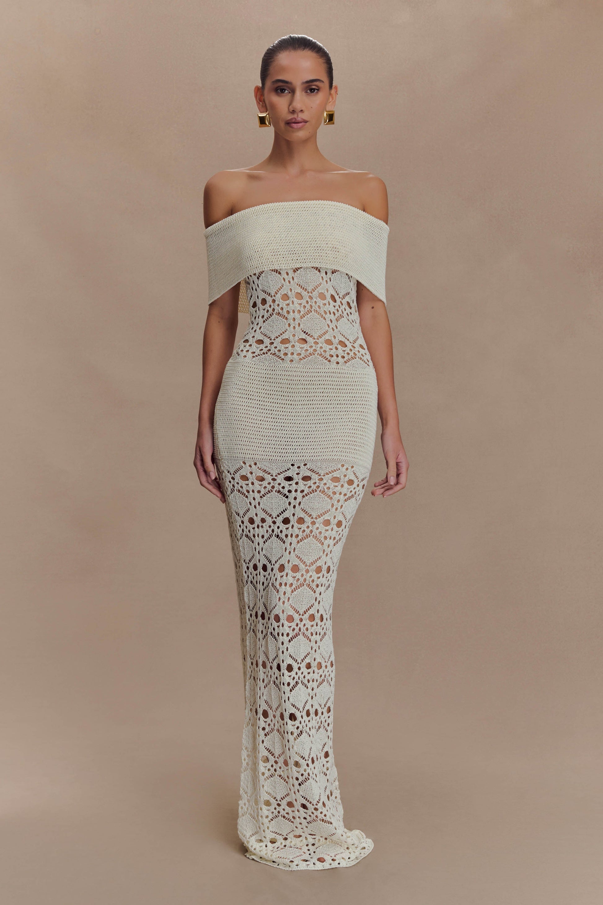 Solstice Off Shoulder Crochet Knit Maxi Dress / Ivory | MESHKI | S Solstice Off Shoulder Crochet Knit Maxi Dress / Ivory | MESHKI | S