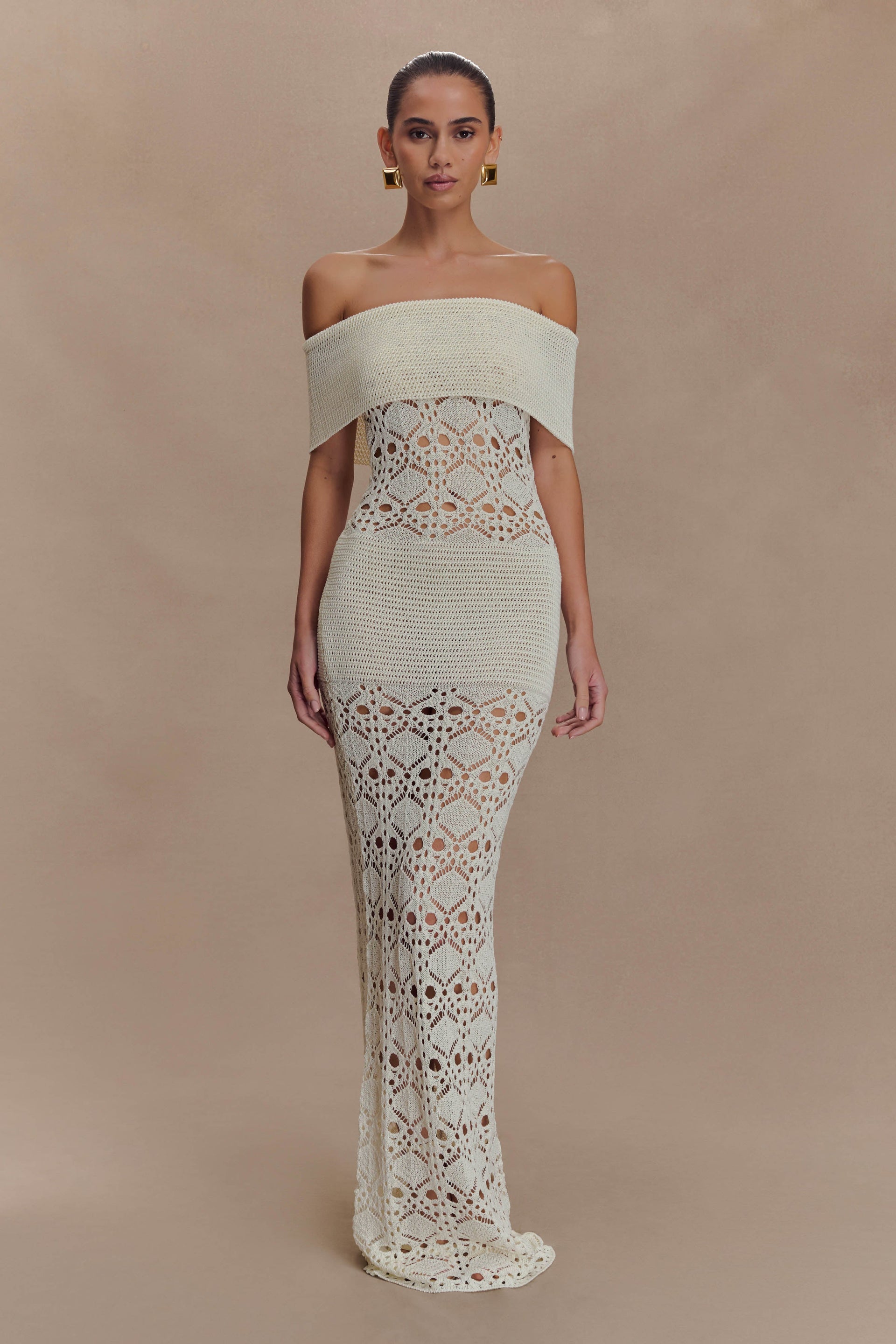 Solstice Off Shoulder Crochet Knit Maxi Dress - Ivory