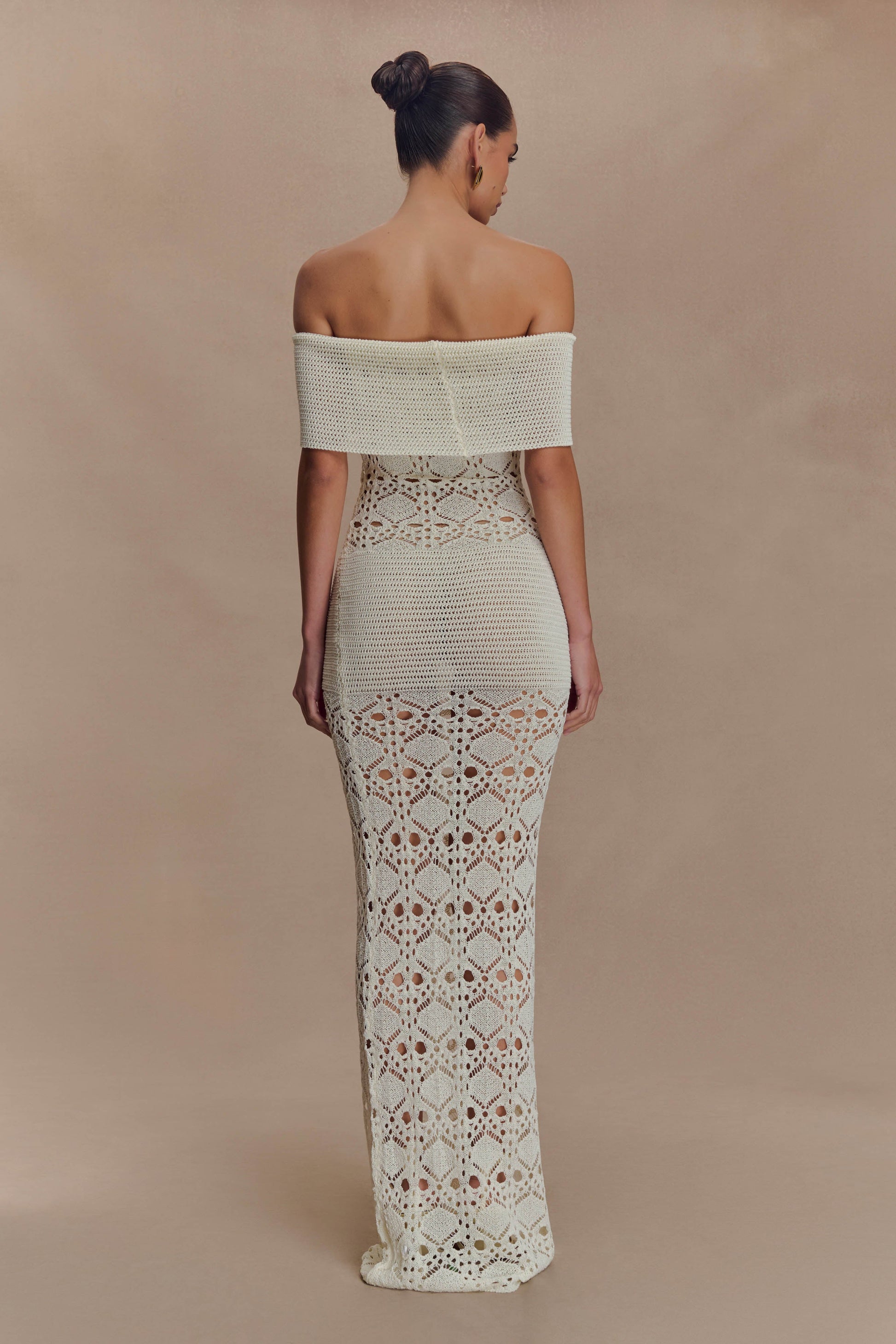 Solstice Off Shoulder Crochet Knit Maxi Dress / Ivory | MESHKI | S Solstice Off Shoulder Crochet Knit Maxi Dress / Ivory | MESHKI | S