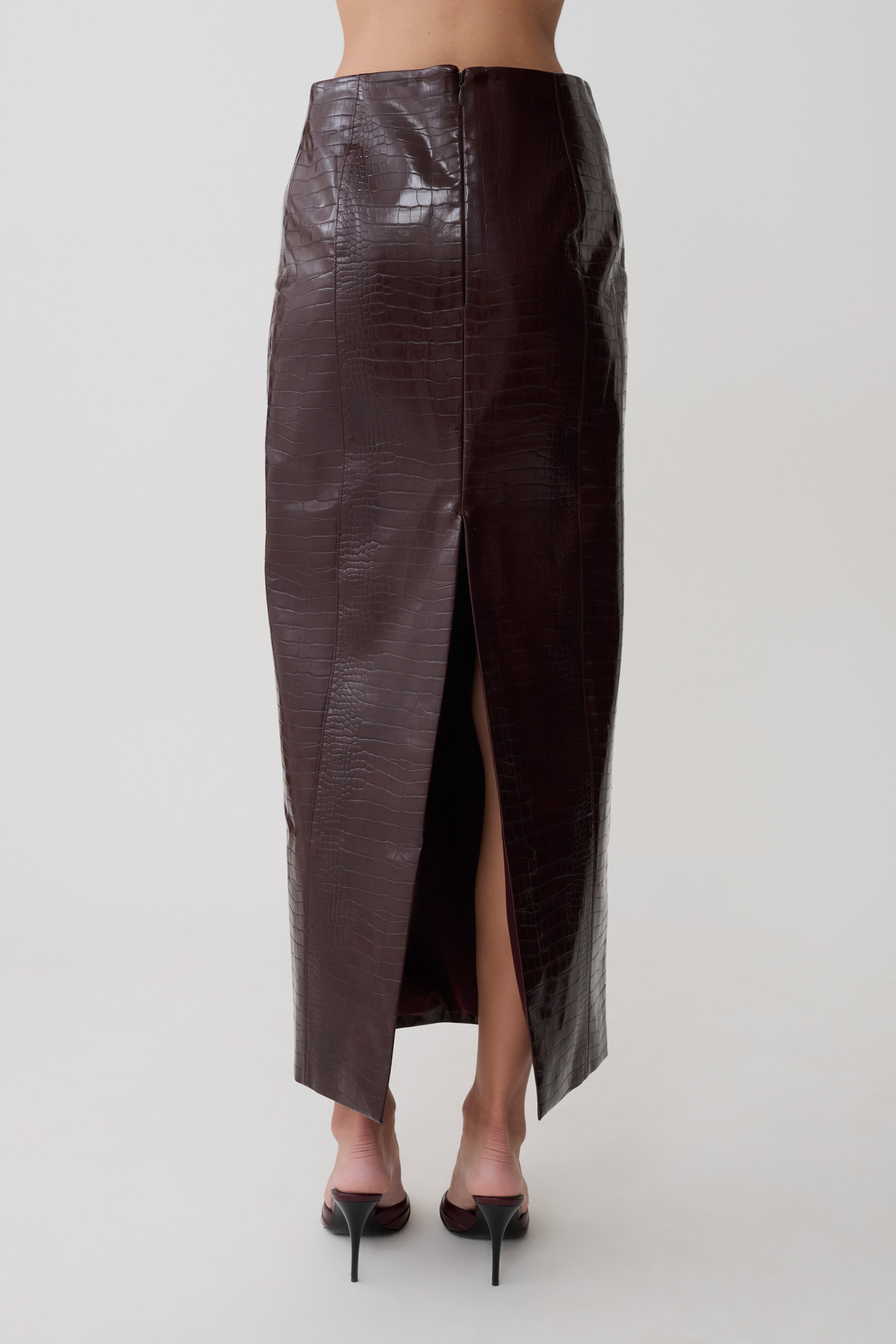 Thalia Croc Faux Leather Midi Skirt - Merlot | MESHKI US