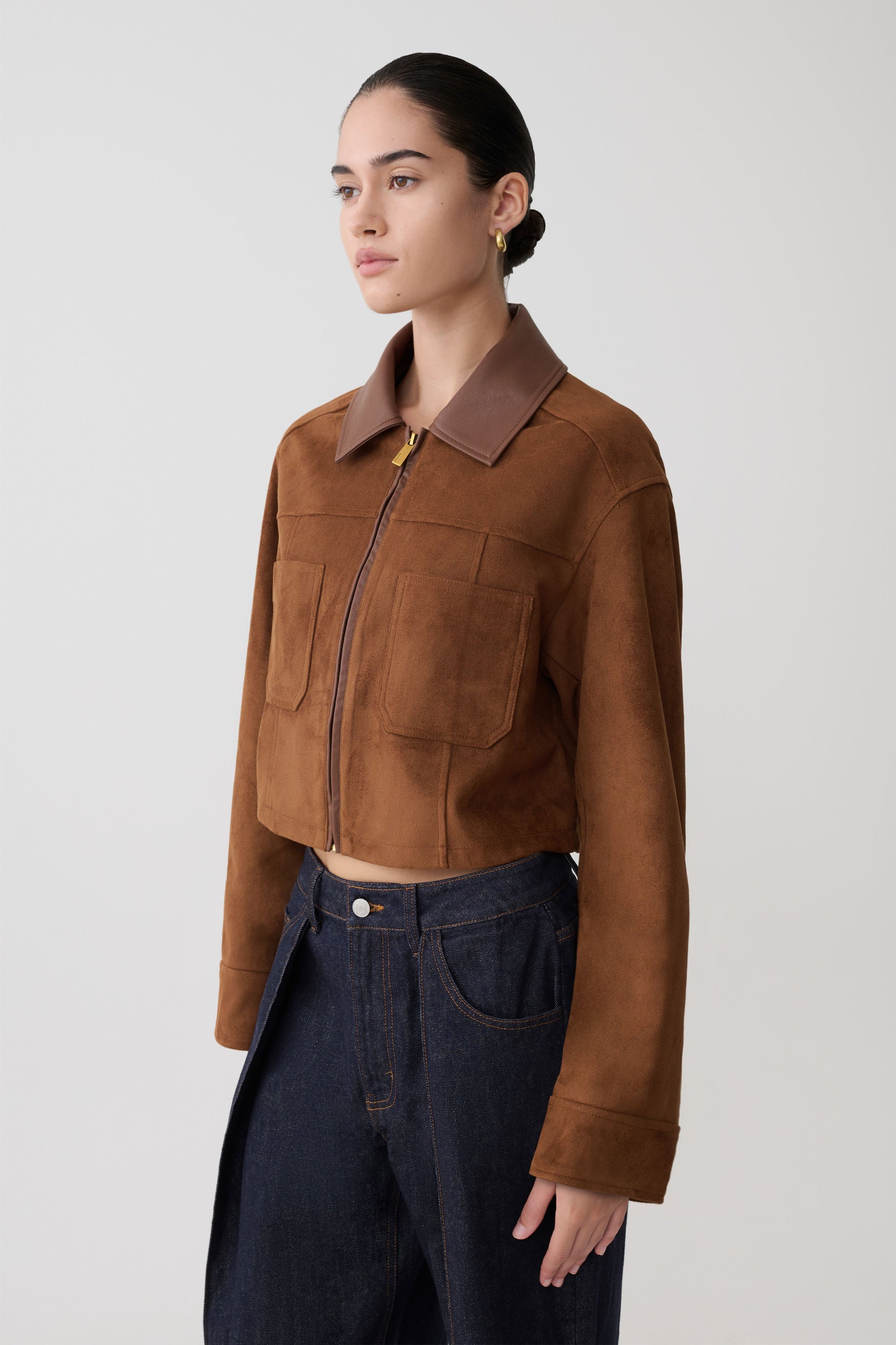 Remy Faux Suede & Leather Collared Jacket - Tan #7