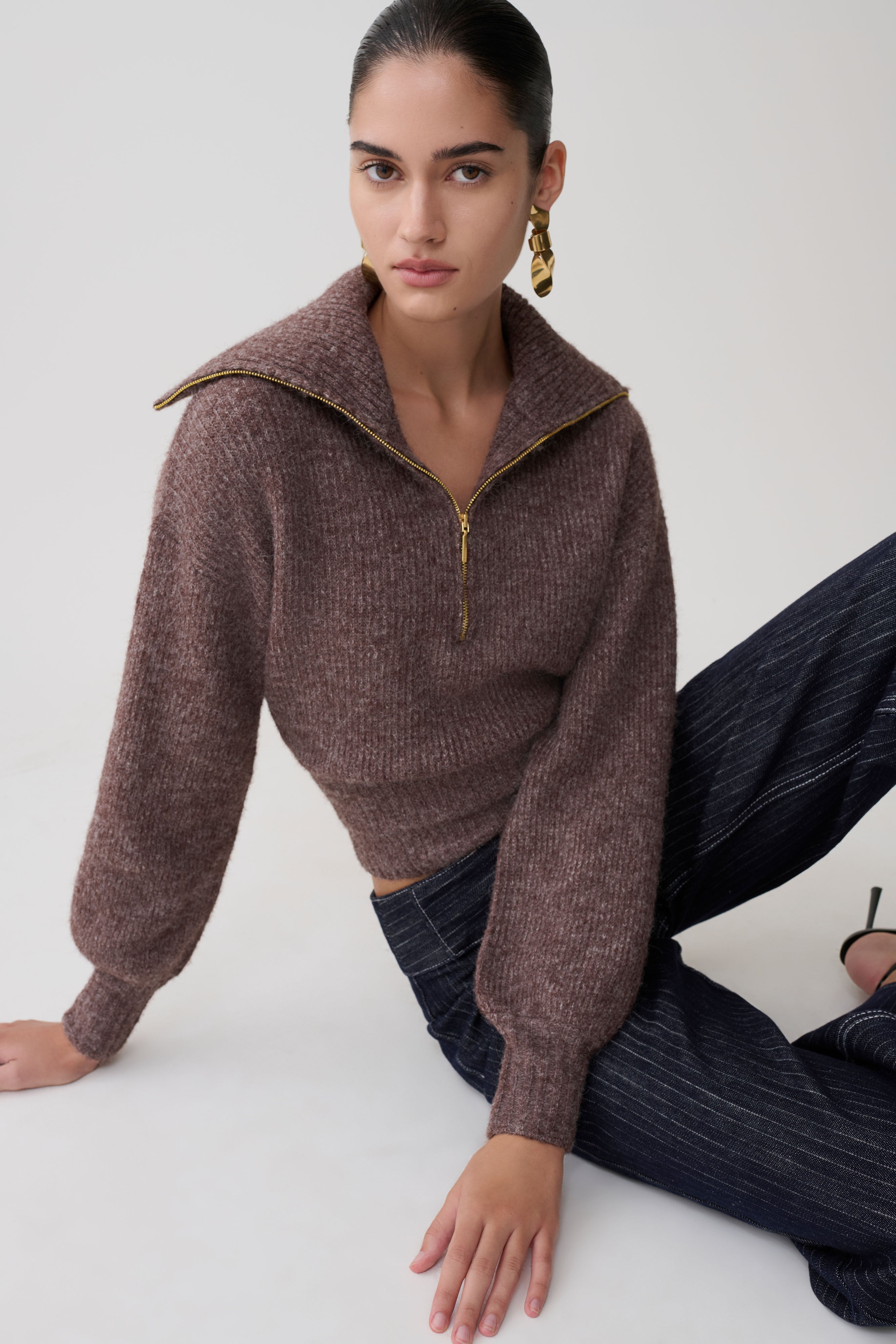 Skylaine Zip Knit Jumper - Brown Marle | MESHKI US