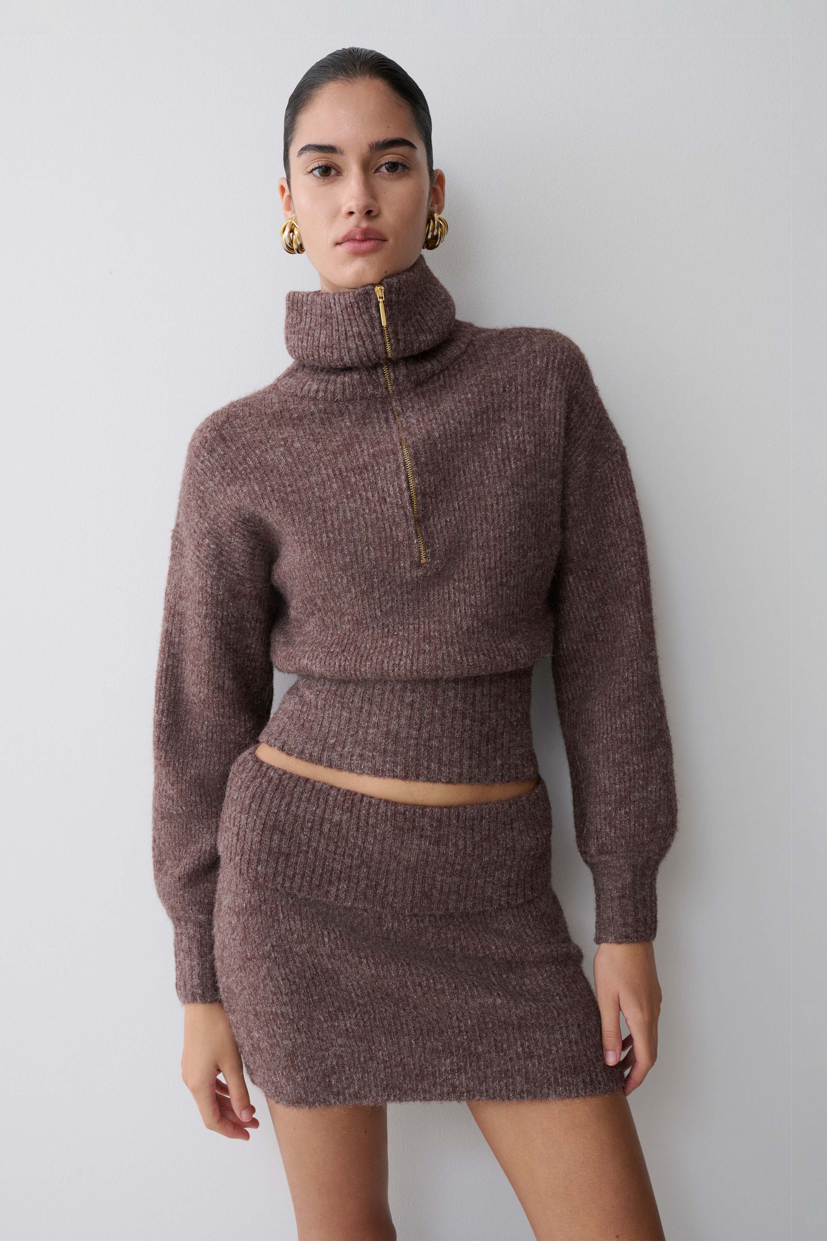 Skylaine Zip Knit Jumper - Brown Marle | MESHKI US