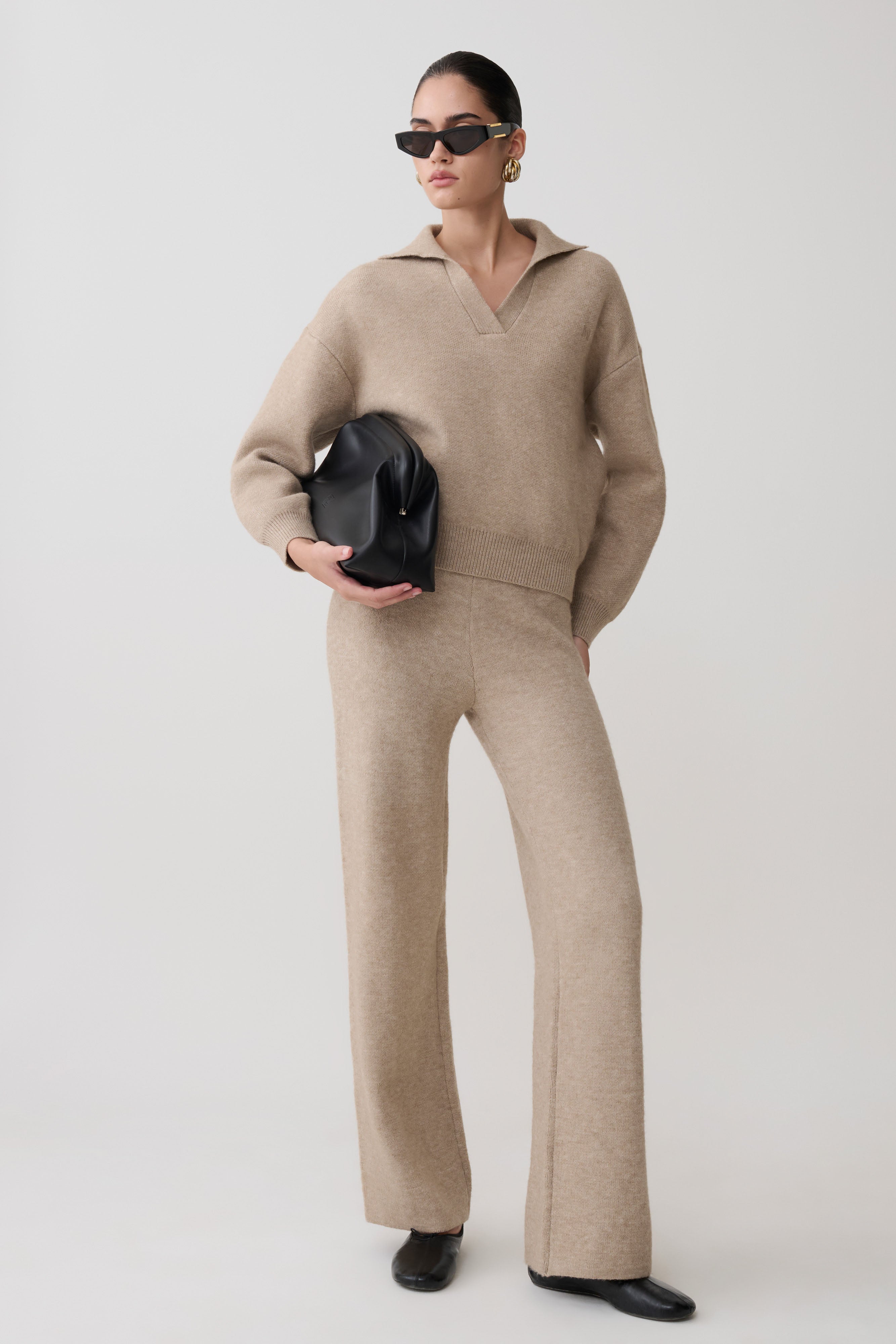 Evan Knit Wide Leg Pants - Beige Marle | MESHKI US