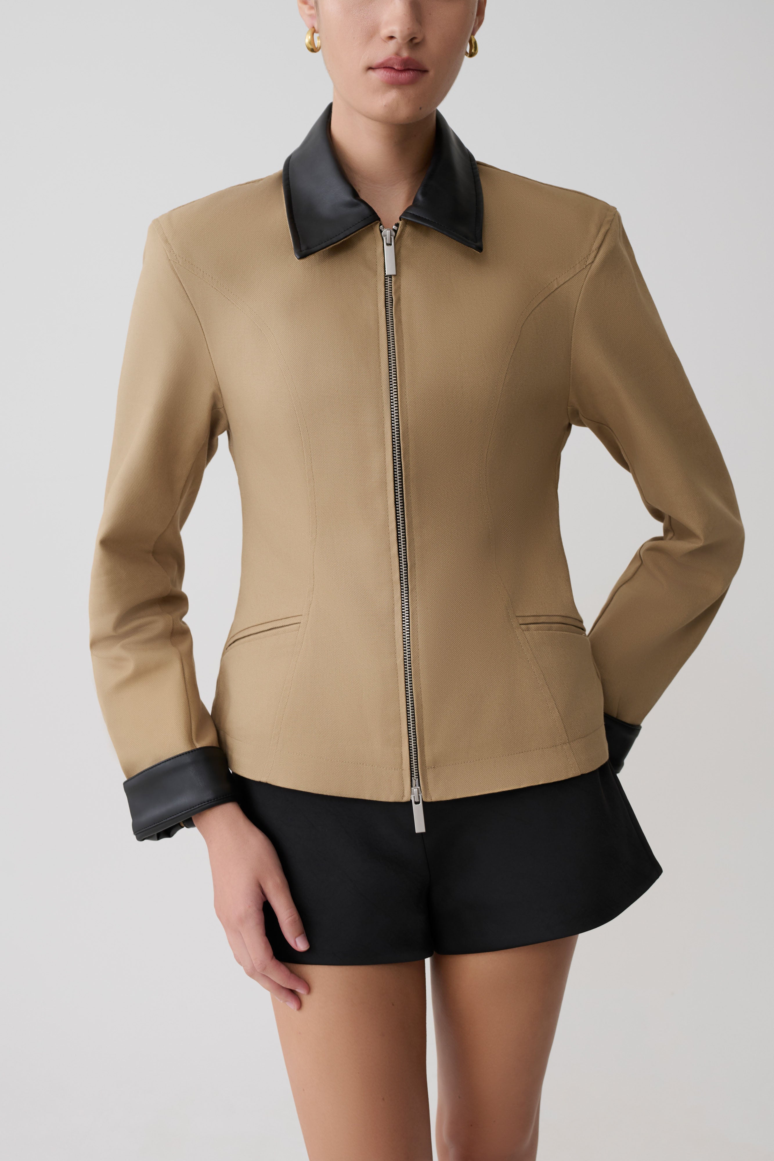 Solange Zip Up Collared Jacket - Natural | MESHKI US