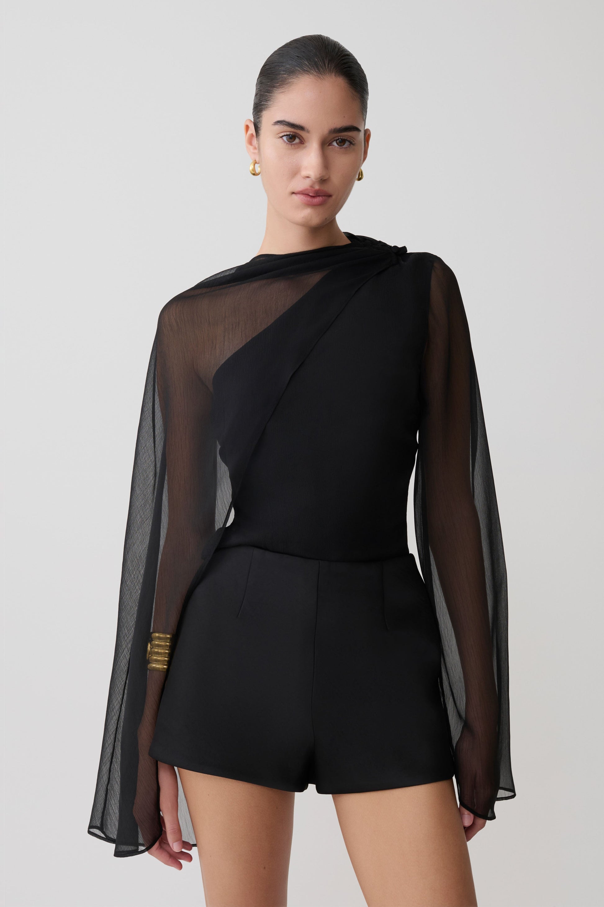 Ida Sheer Asymmetrical Long Sleeve Cape / Black | MESHKI
