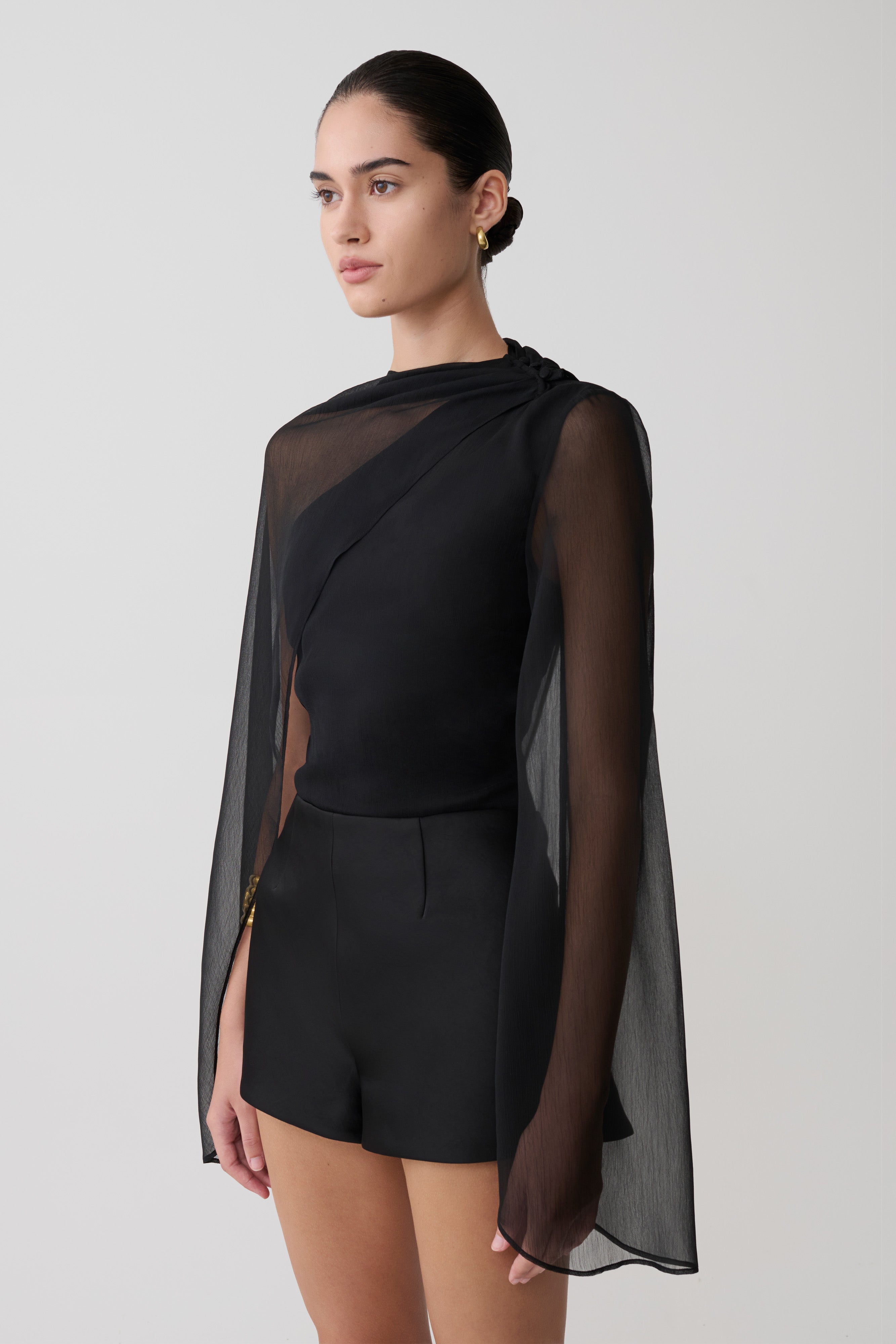 Ida Sheer Asymmetrical Long Sleeve Cape - Black | MESHKI US