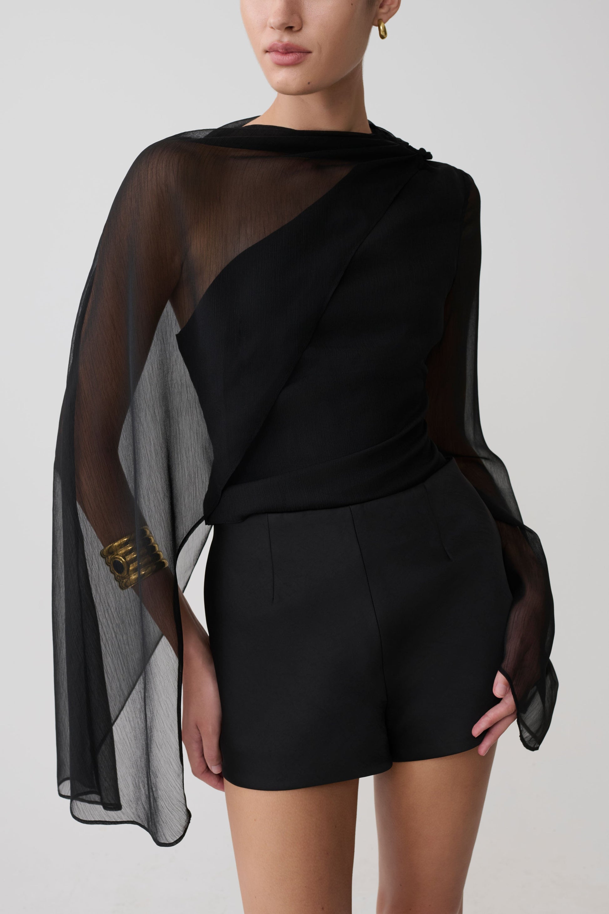 Ida Sheer Asymmetrical Long Sleeve Cape - Black | MESHKI US Ida Sheer Asymmetrical Long Sleeve Cape - Black | MESHKI US