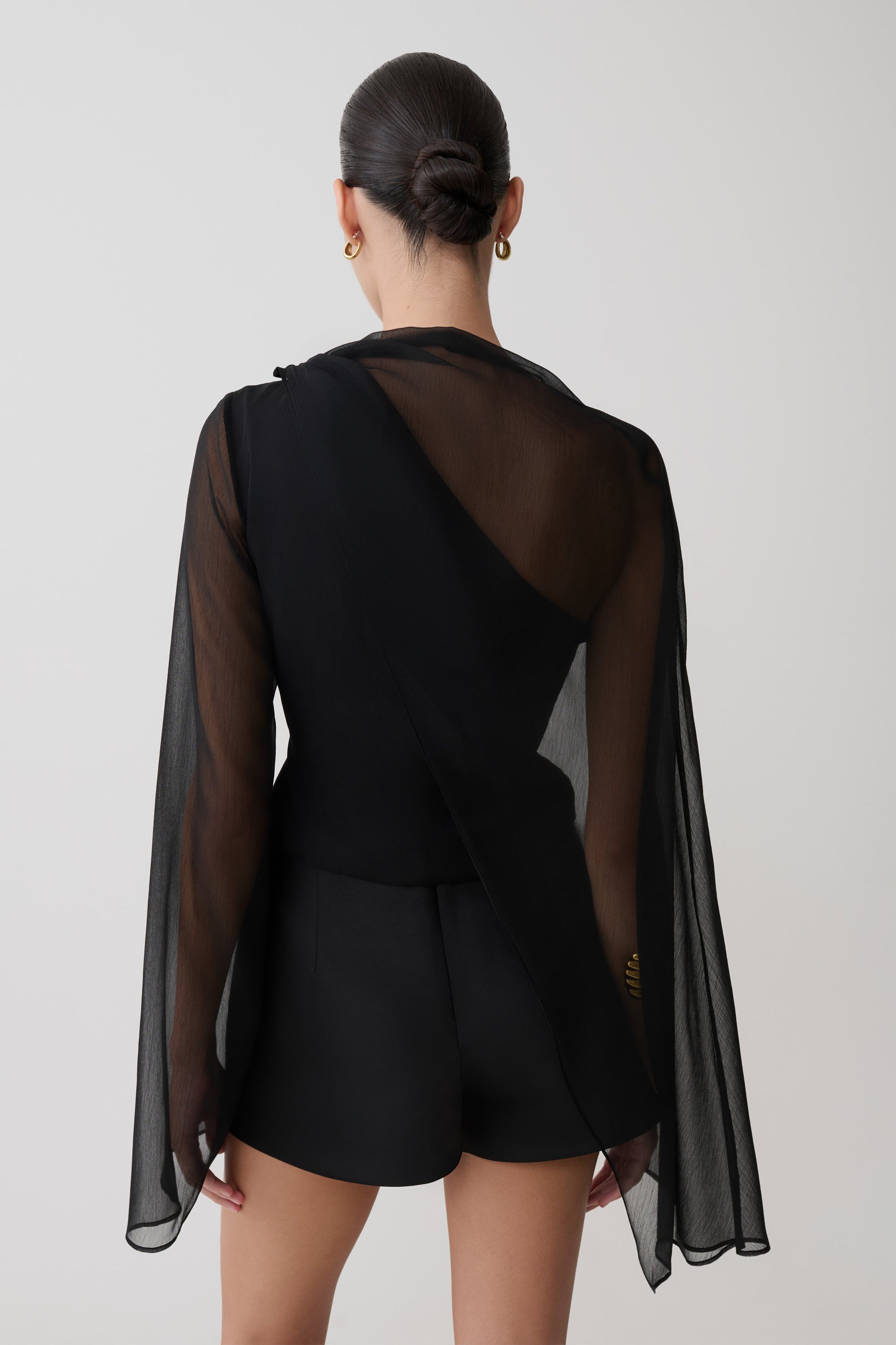 Ida Sheer Asymmetrical Long Sleeve Cape - Black | MESHKI US Ida Sheer Asymmetrical Long Sleeve Cape - Black | MESHKI US