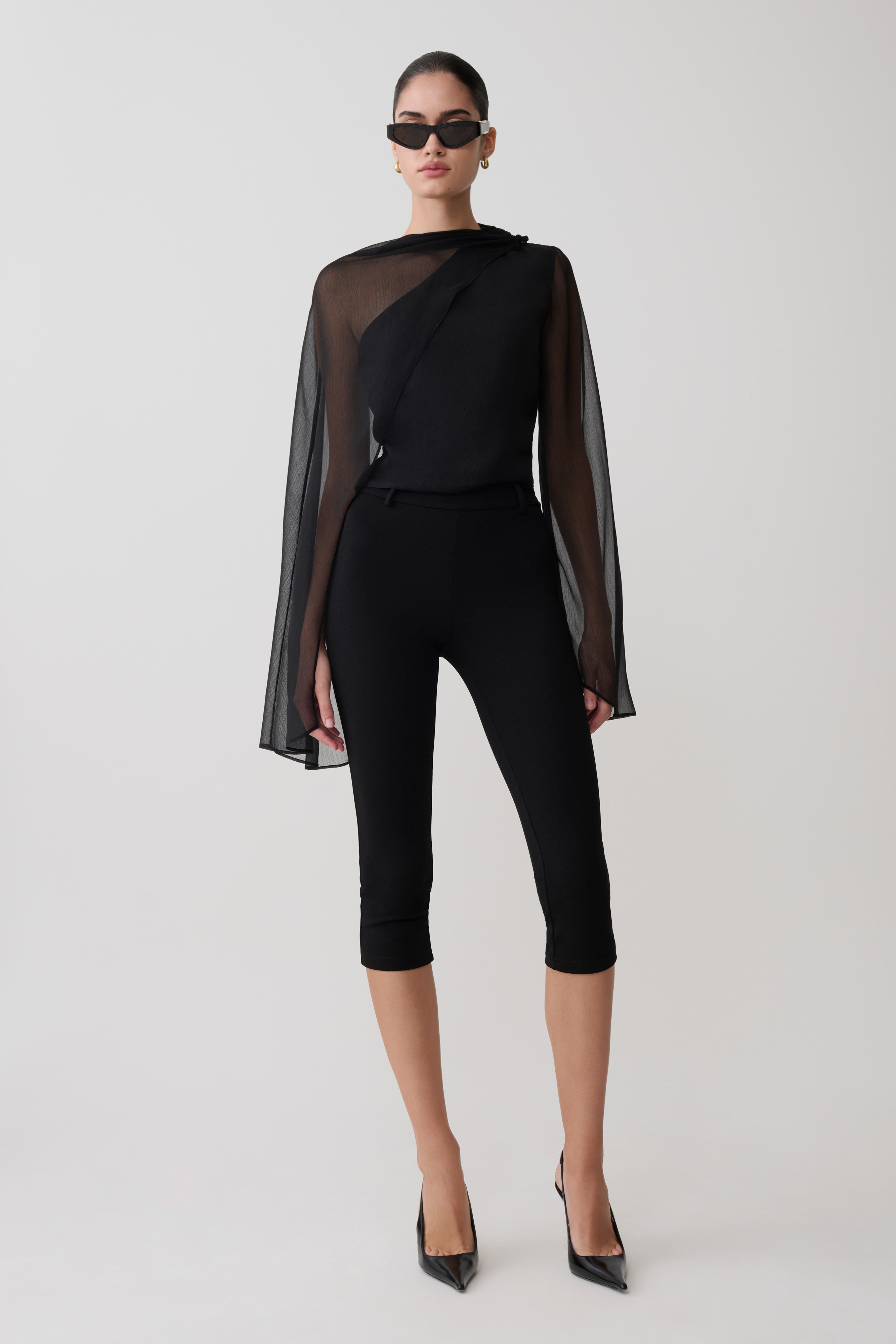 Ida Sheer Asymmetrical Long Sleeve Cape - Black | MESHKI US