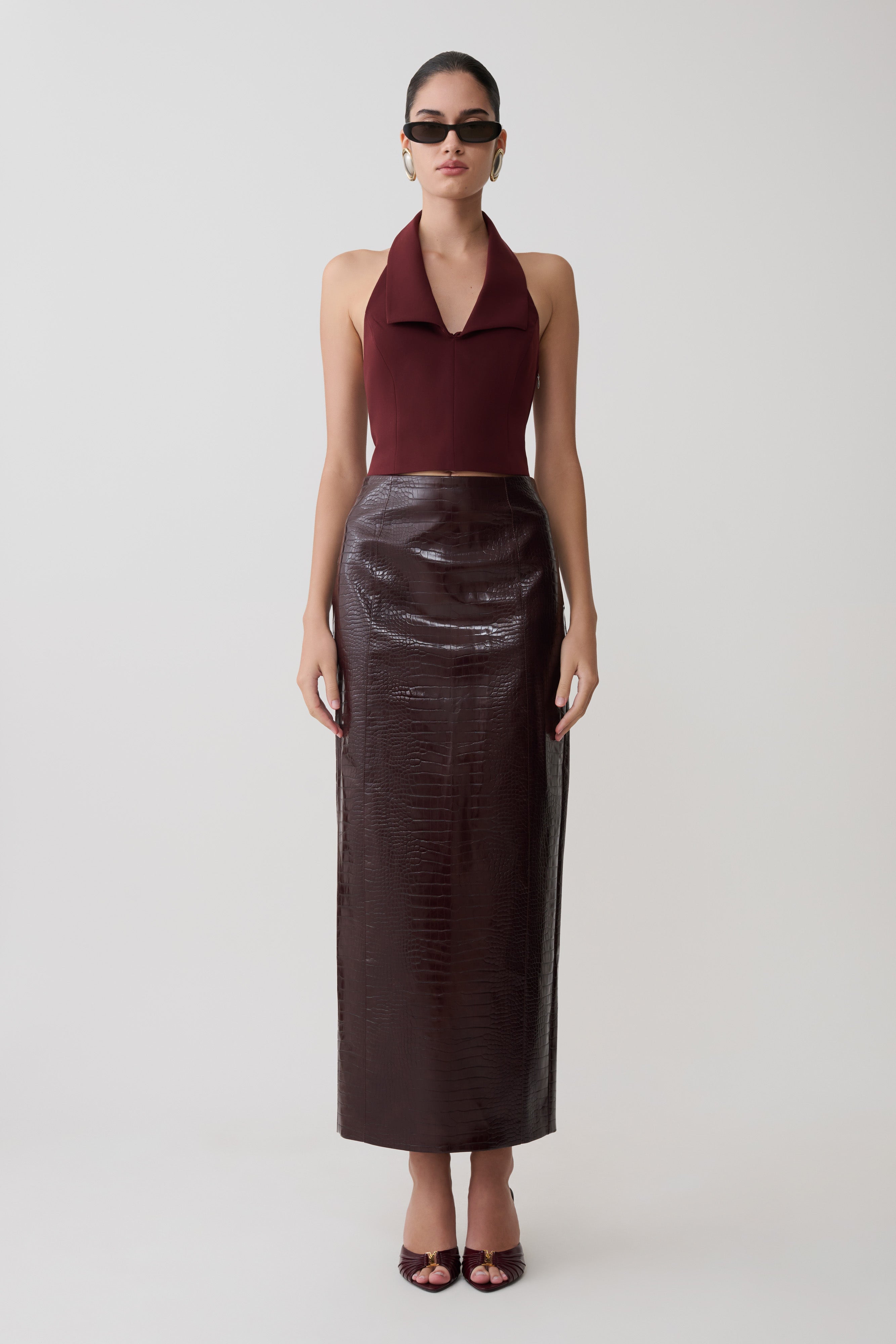 Thalia Croc Faux Leather Midi Skirt - Merlot | MESHKI US