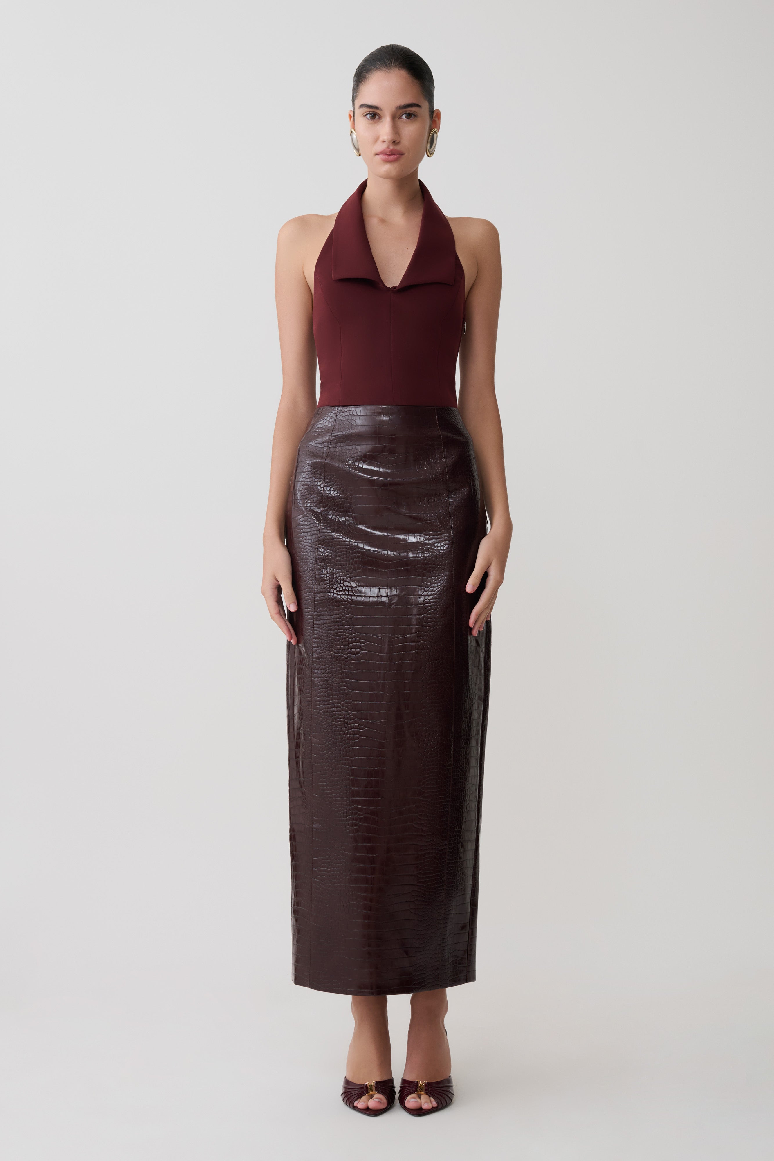 Thalia Croc Faux Leather Midi Skirt - Merlot | MESHKI US