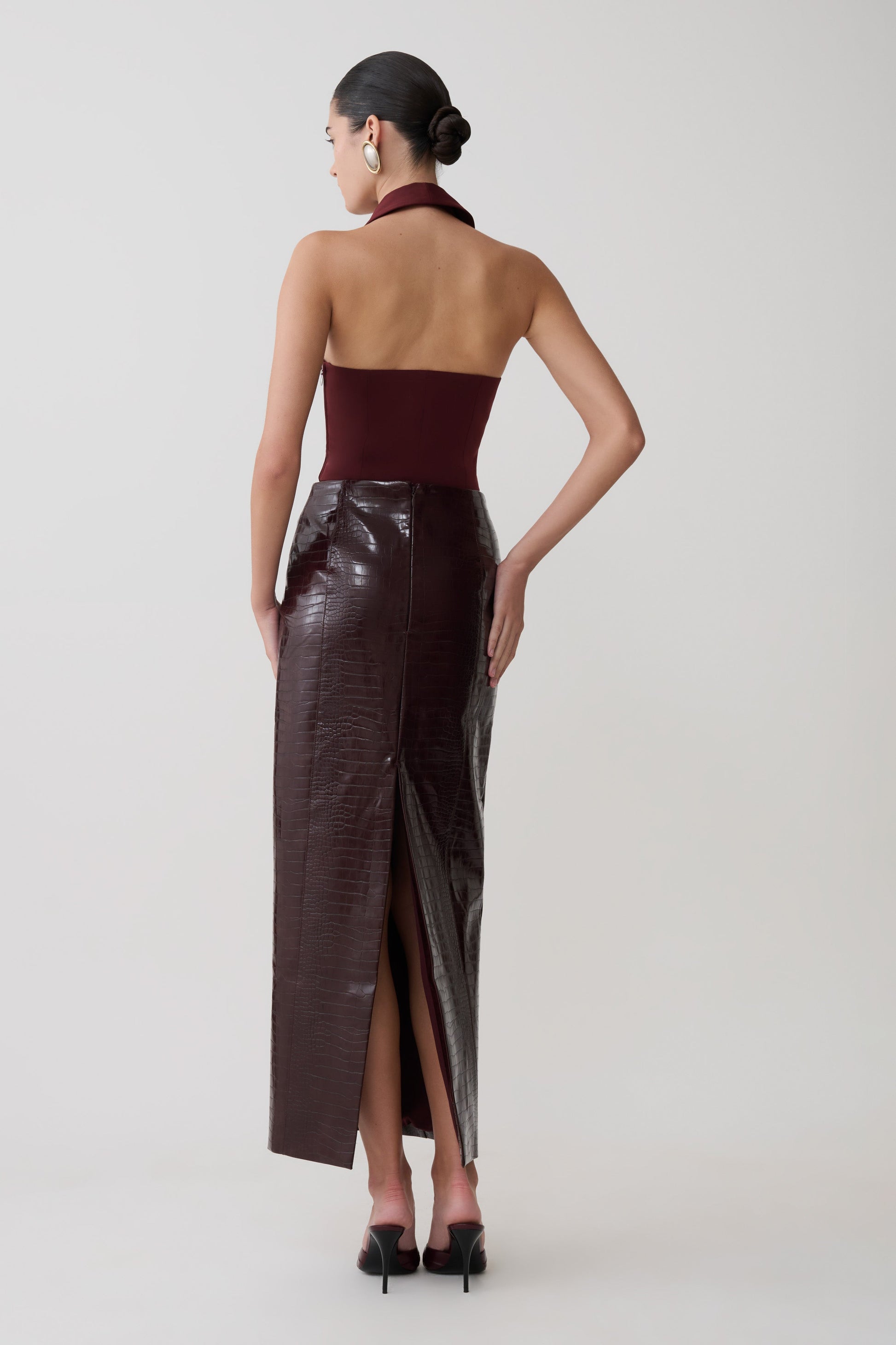 Thalia Croc Faux Leather Midi Skirt / Merlot | MESHKI | XXS Thalia Croc Faux Leather Midi Skirt / Merlot | MESHKI | XXS