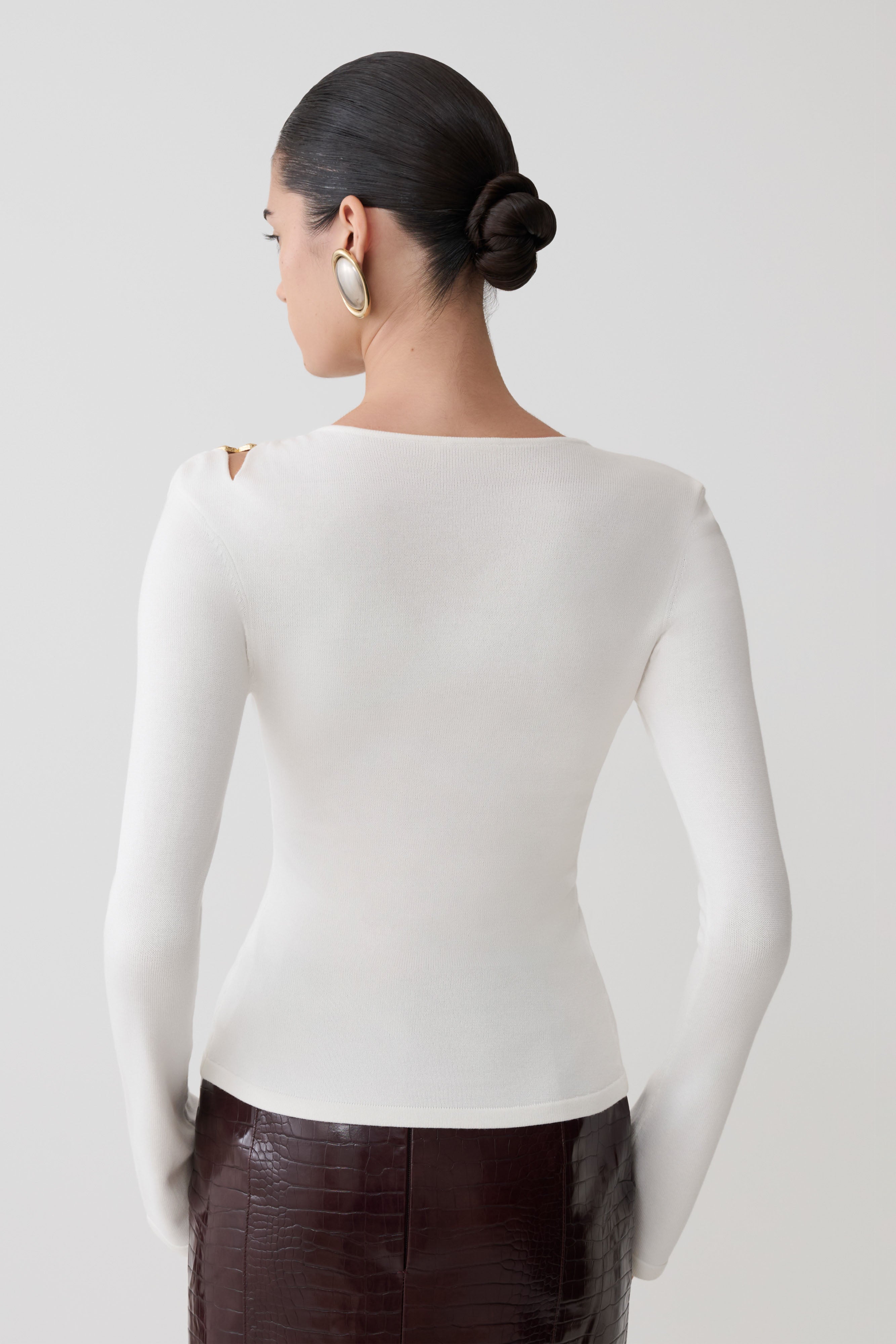 Ricky Knit Long Sleeve Longline Top - Ivory | MESHKI US