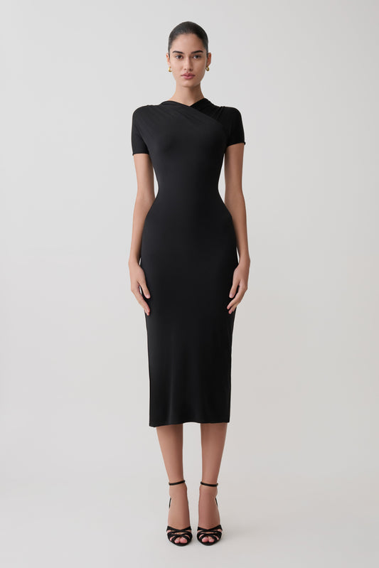 Junie Cross-Over Neck Slinky Maxi Dress - Black