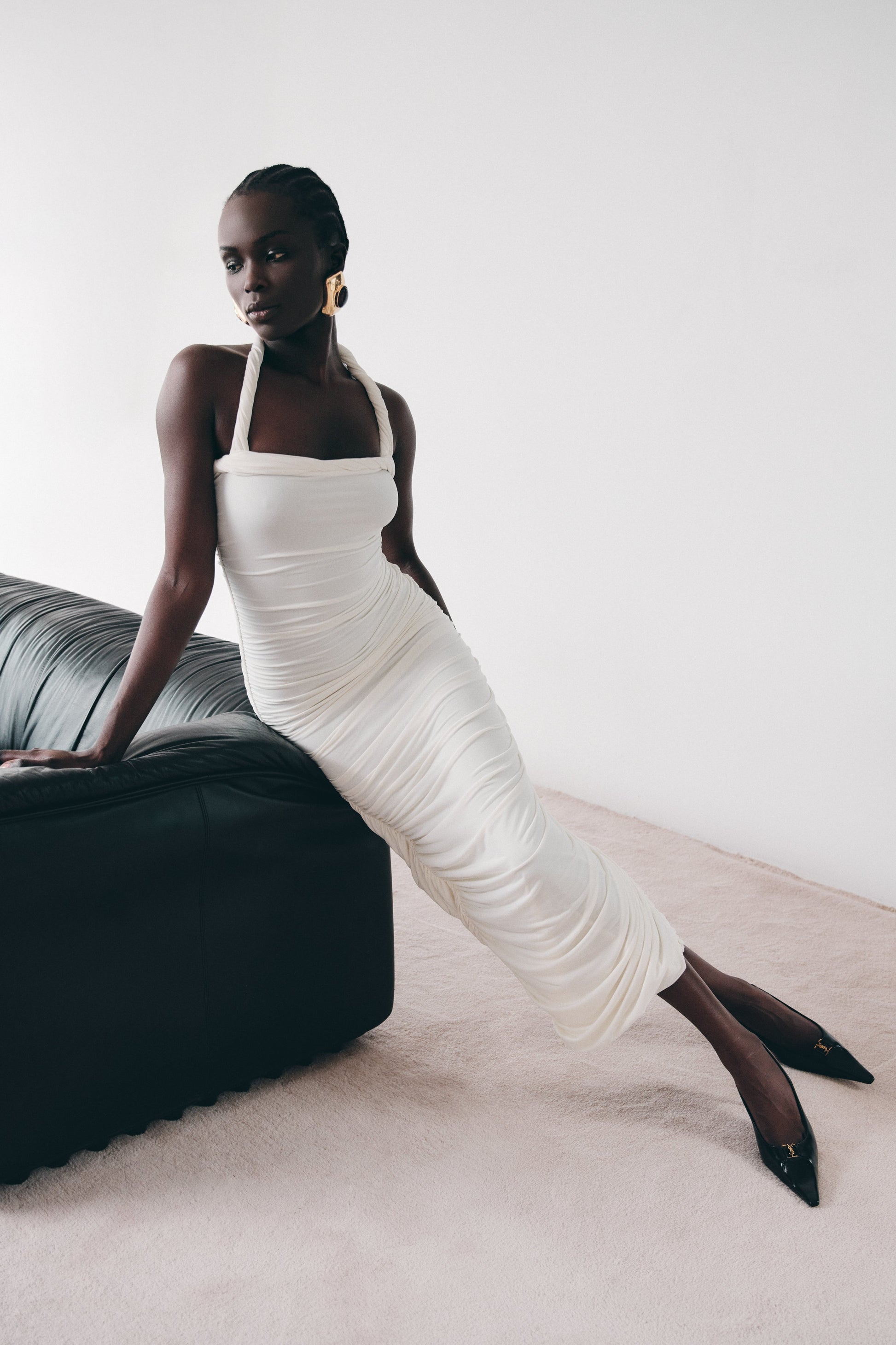 Camila Ruched Halter Midi Dress / Ivory | MESHKI | XS Camila Ruched Halter Midi Dress / Ivory | MESHKI | XS