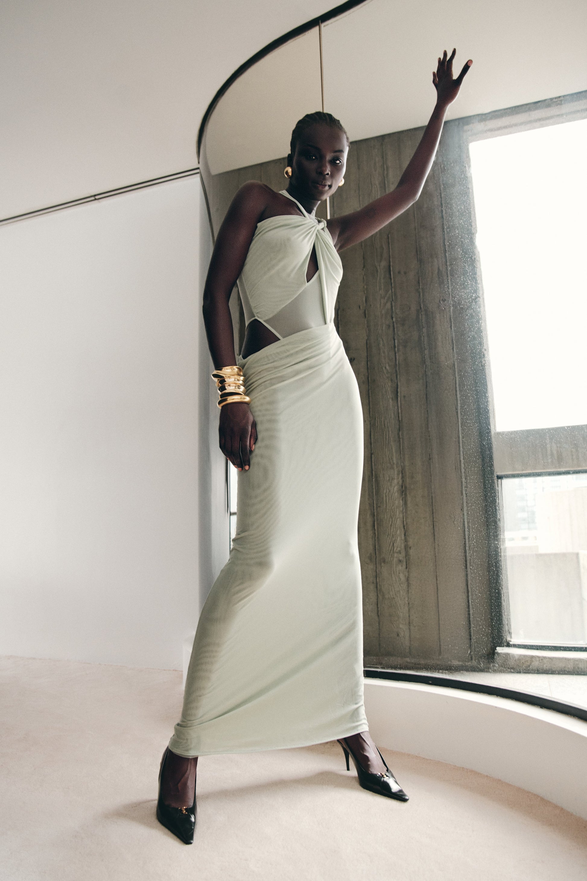 Edwina Knotted Mesh Maxi Dress / Sage | MESHKI