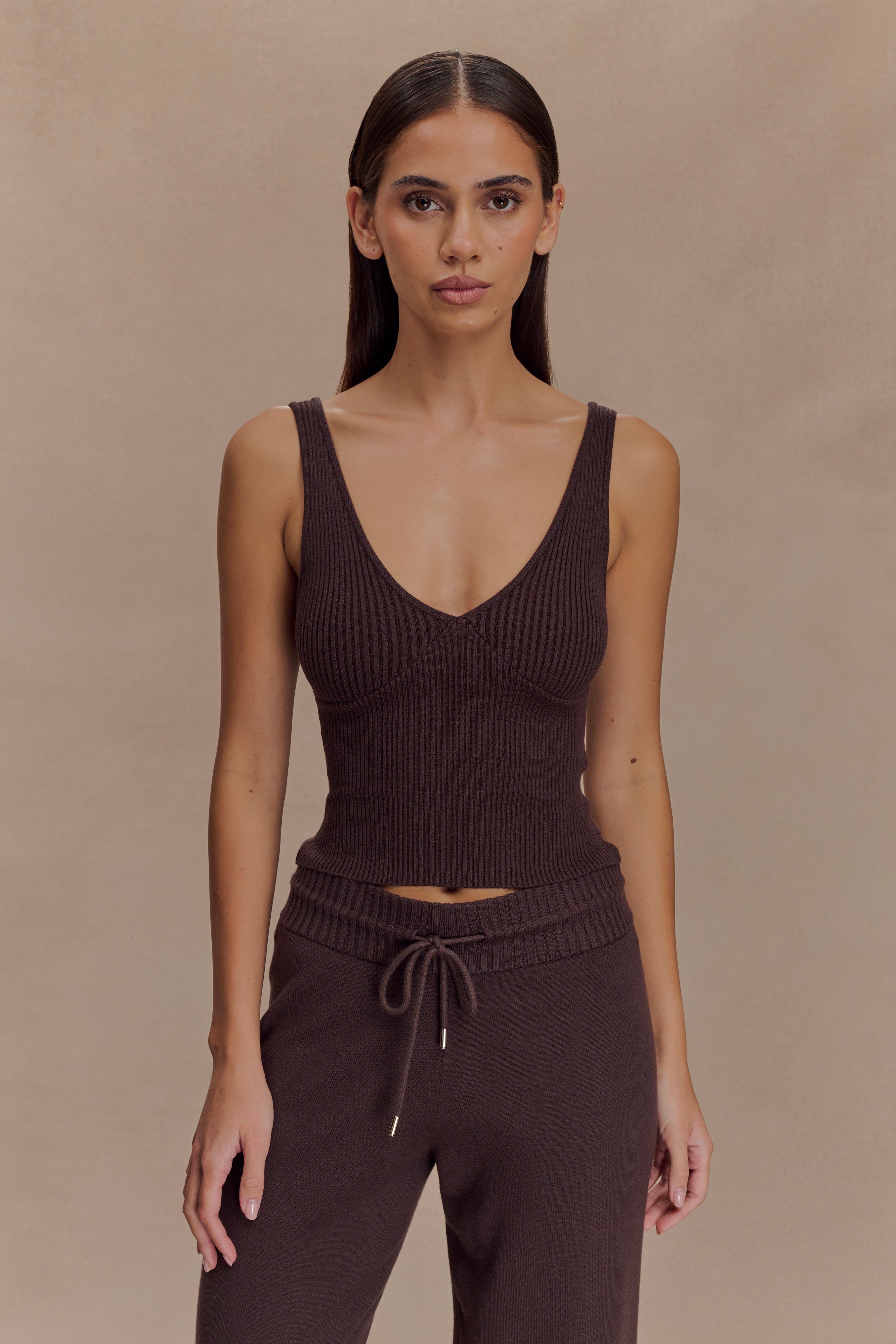 Natalya Ribbed Knit Cami Top - Dark Chocolate | MESHKI US