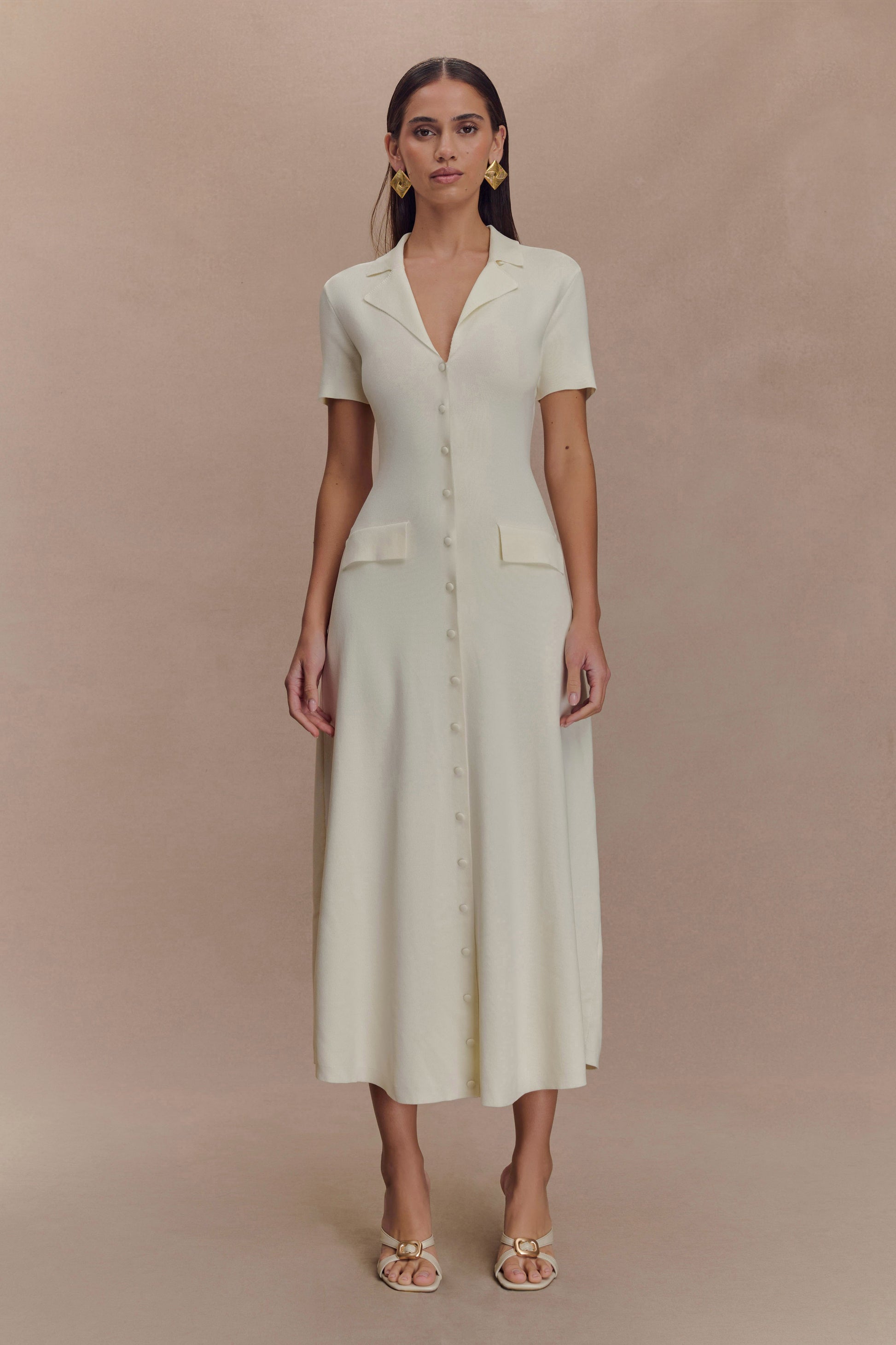 Pearson Short Sleeve Knit Midi Dress - Ivory | MESHKI US Pearson Short Sleeve Knit Midi Dress - Ivory | MESHKI US