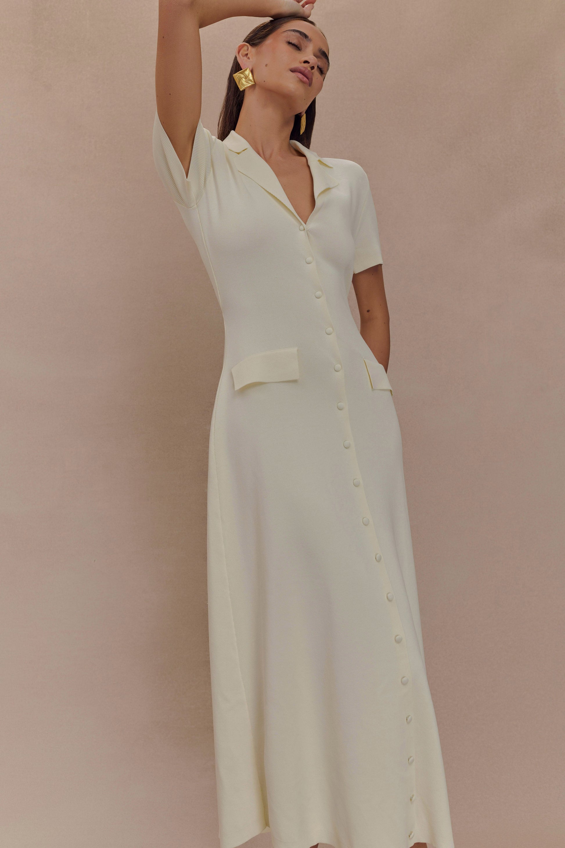 white sleeved knit midi dress White Knit Midi Dress with Cut Out Detail