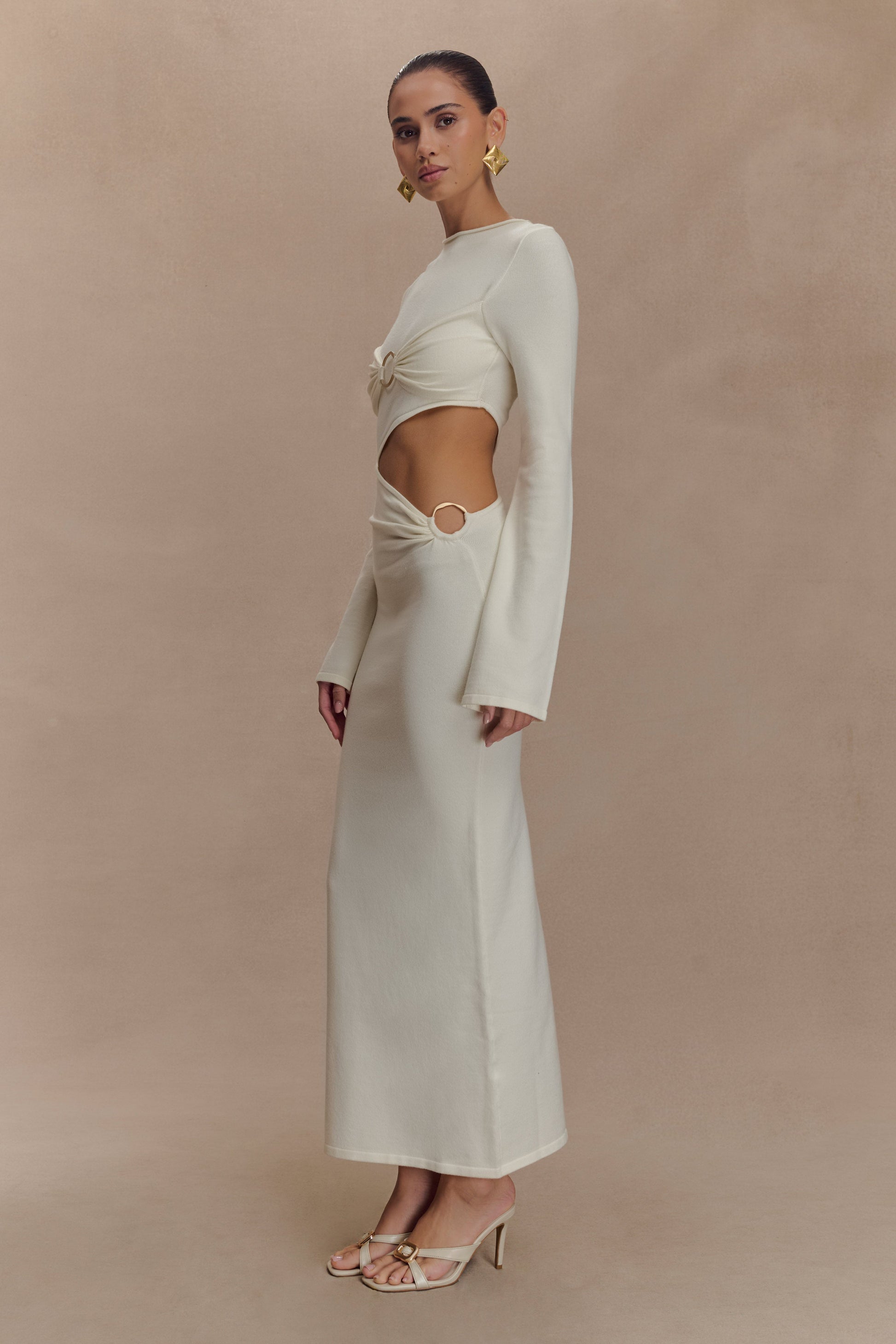 long sleeve ivory midi dress Ivory Midi Dress - Long Sleeve Wrap Dress - Cutout Linen Dress