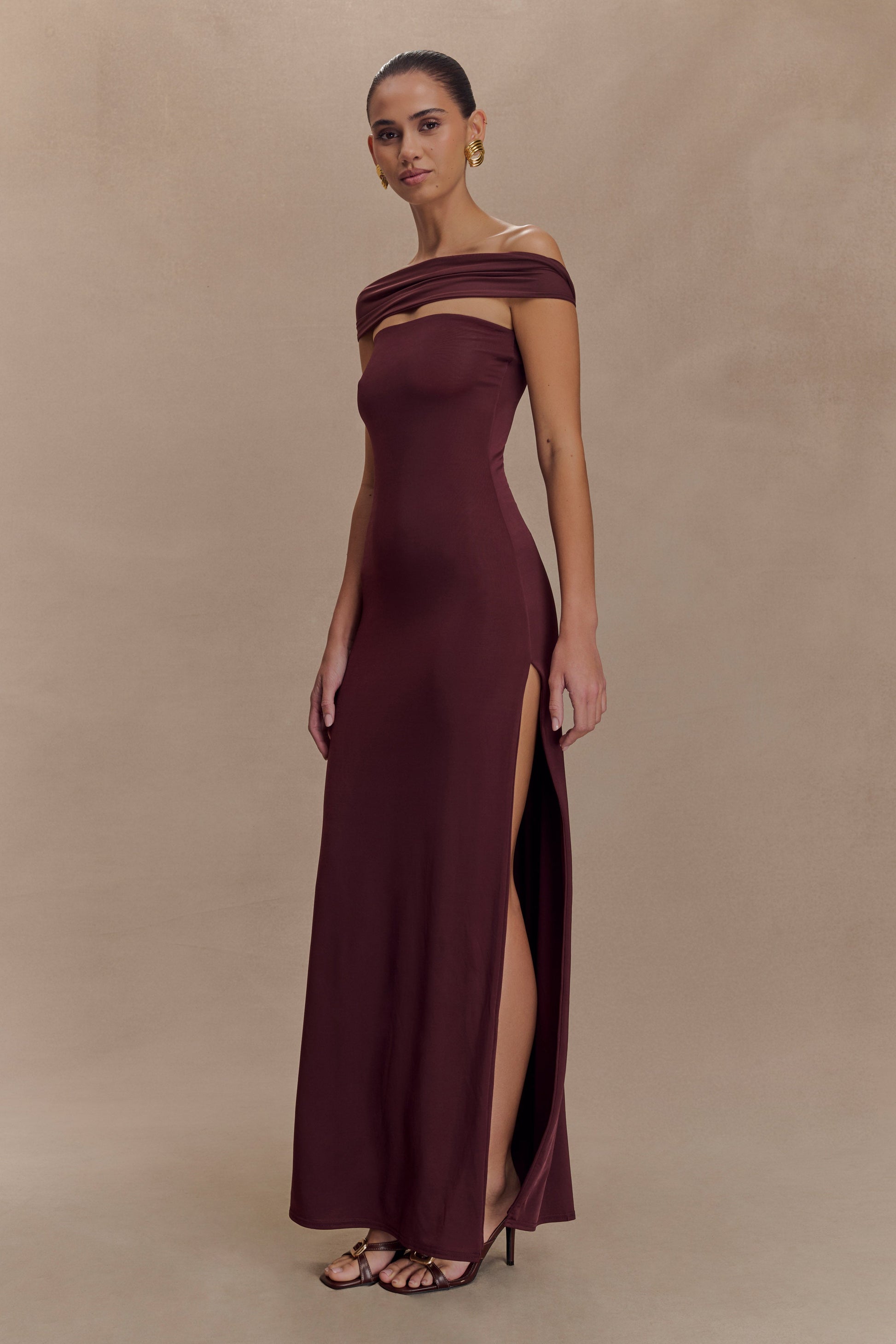 Aurora Slinky And Mesh Split Maxi Dress - Mahogany | MESHKI US Aurora Slinky And Mesh Split Maxi Dress - Mahogany | MESHKI US