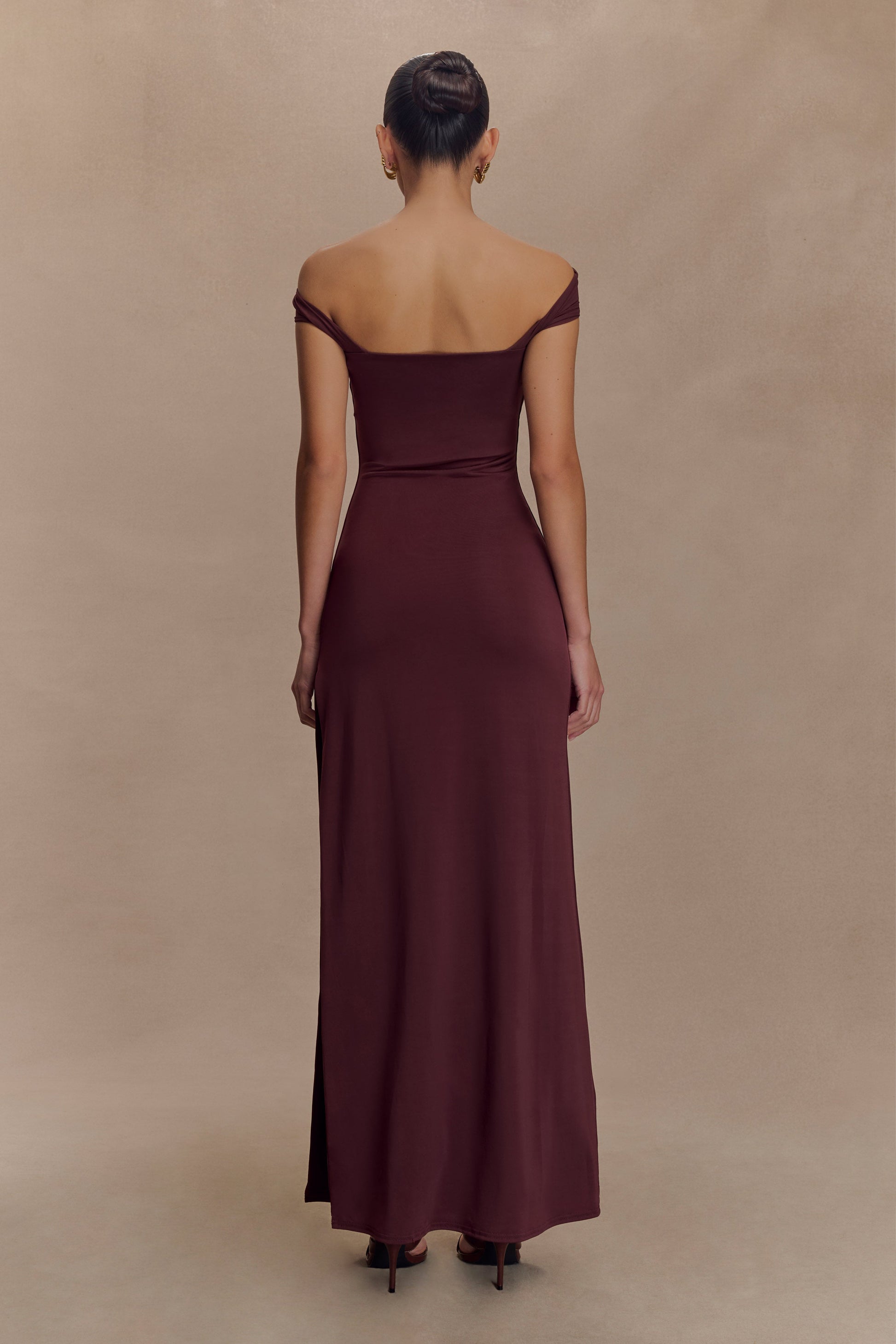 Aurora Slinky And Mesh Split Maxi Dress - Mahogany | MESHKI US Aurora Slinky And Mesh Split Maxi Dress - Mahogany | MESHKI US