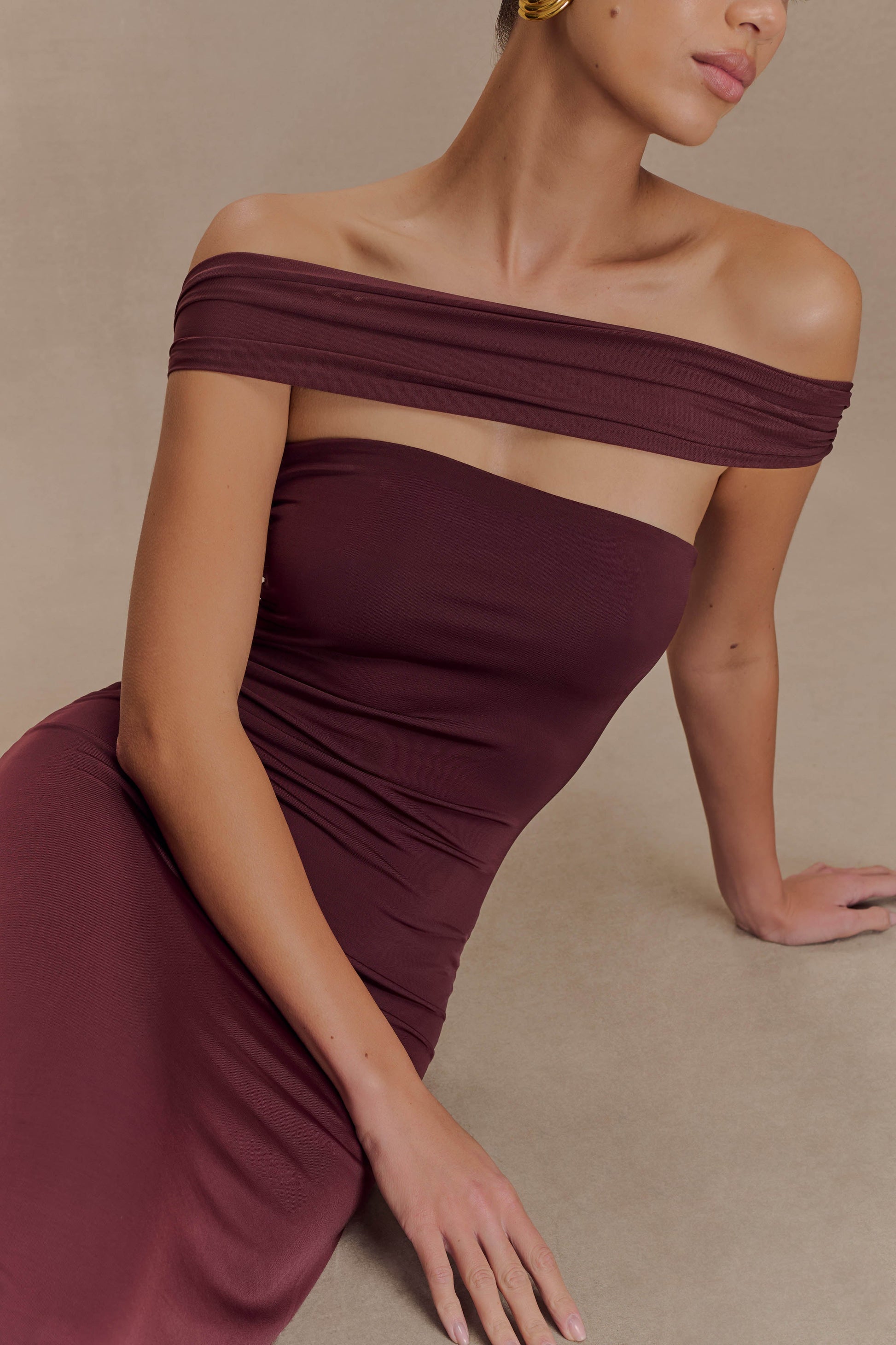 Aurora Slinky And Mesh Split Maxi Dress - Mahogany | MESHKI US Aurora Slinky And Mesh Split Maxi Dress - Mahogany | MESHKI US