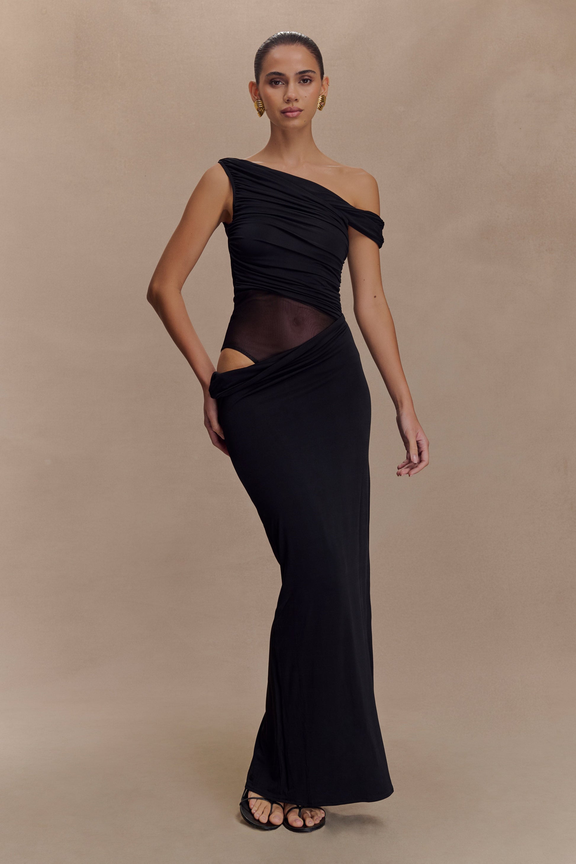 Callen One Shoulder Slinky Maxi Dress / Black | MESHKI