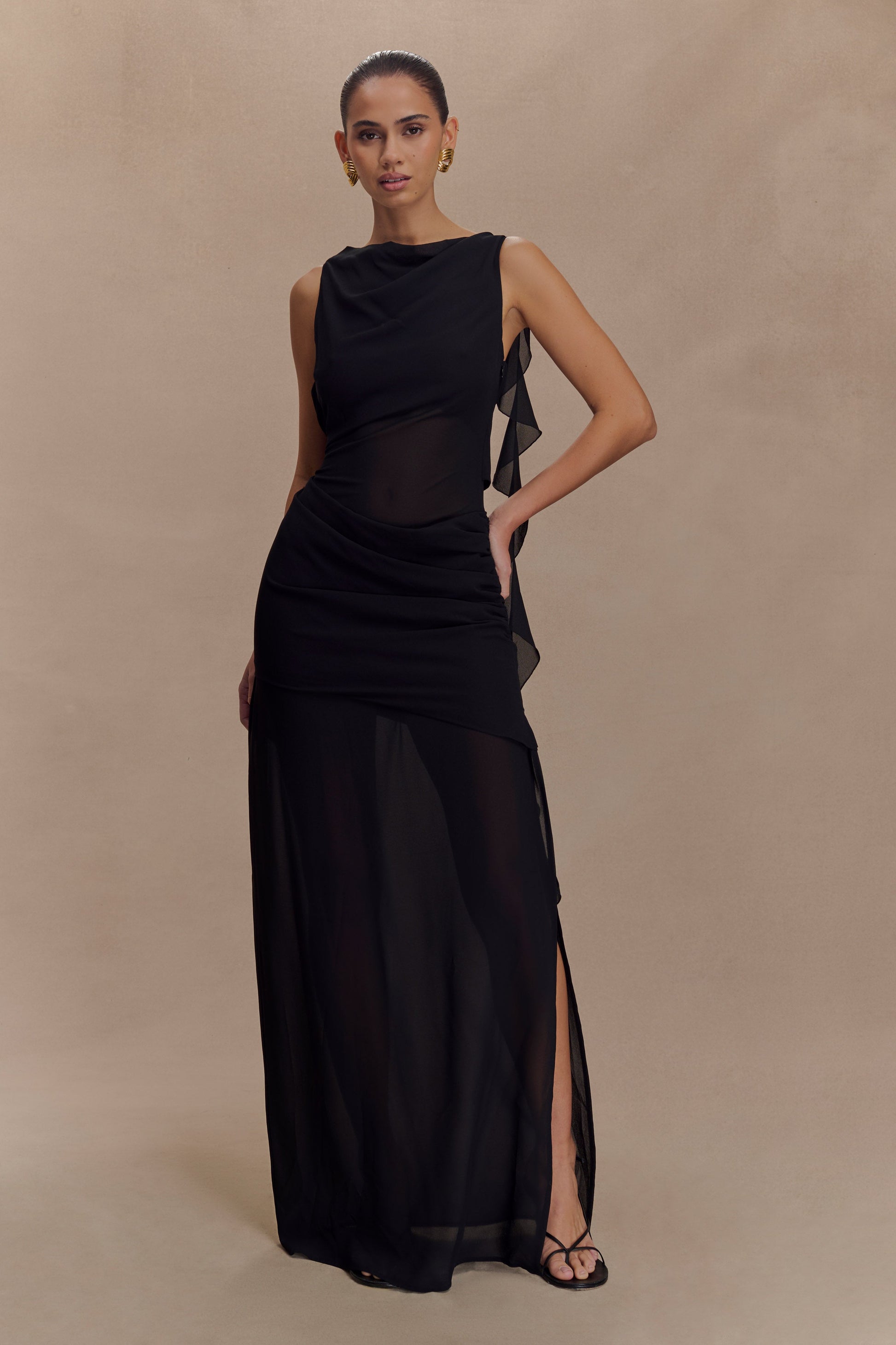 Daria Draped Chiffon Maxi Dress / Black | MESHKI