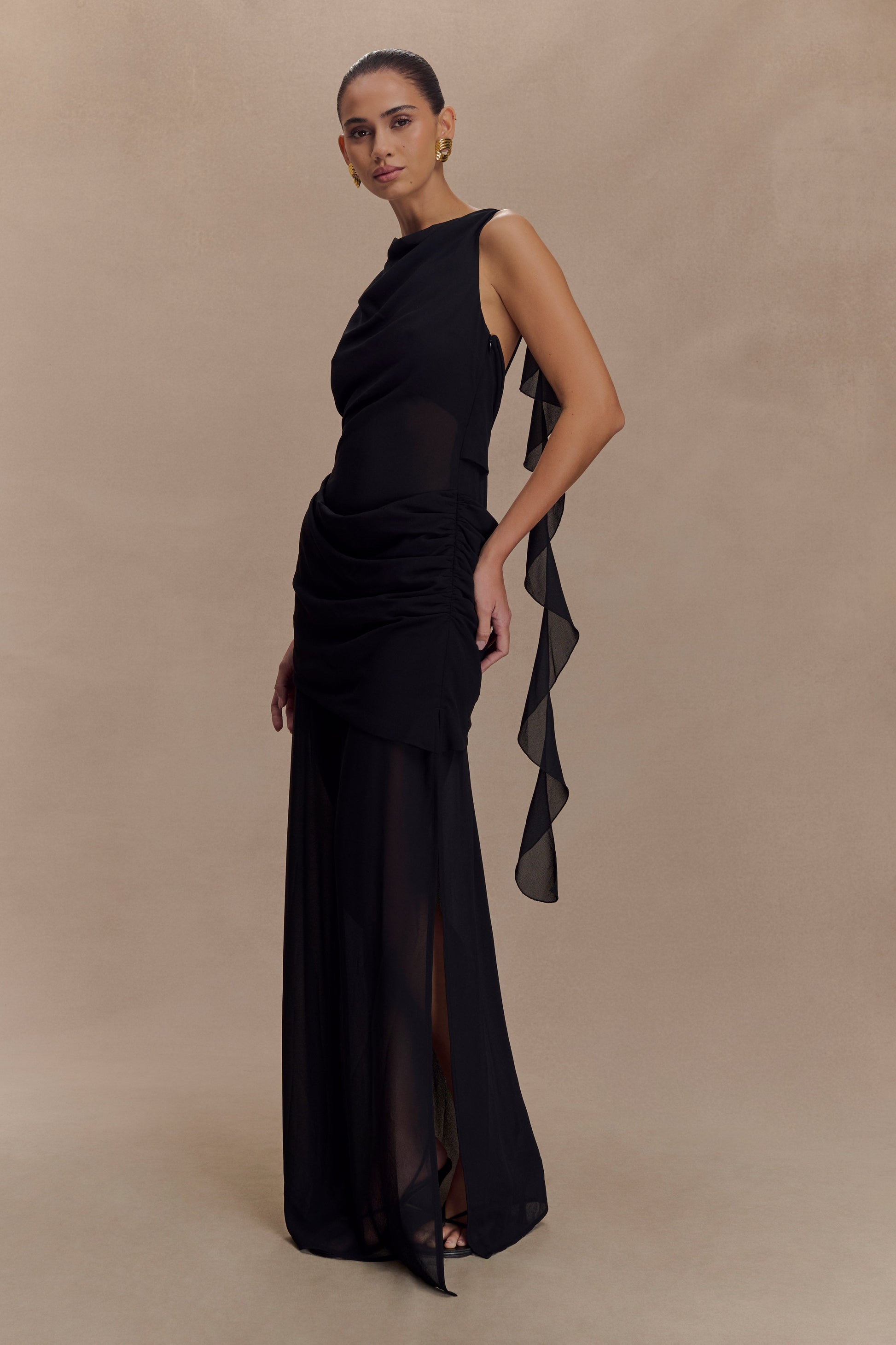 Daria Draped Chiffon Maxi Dress / Black | MESHKI
