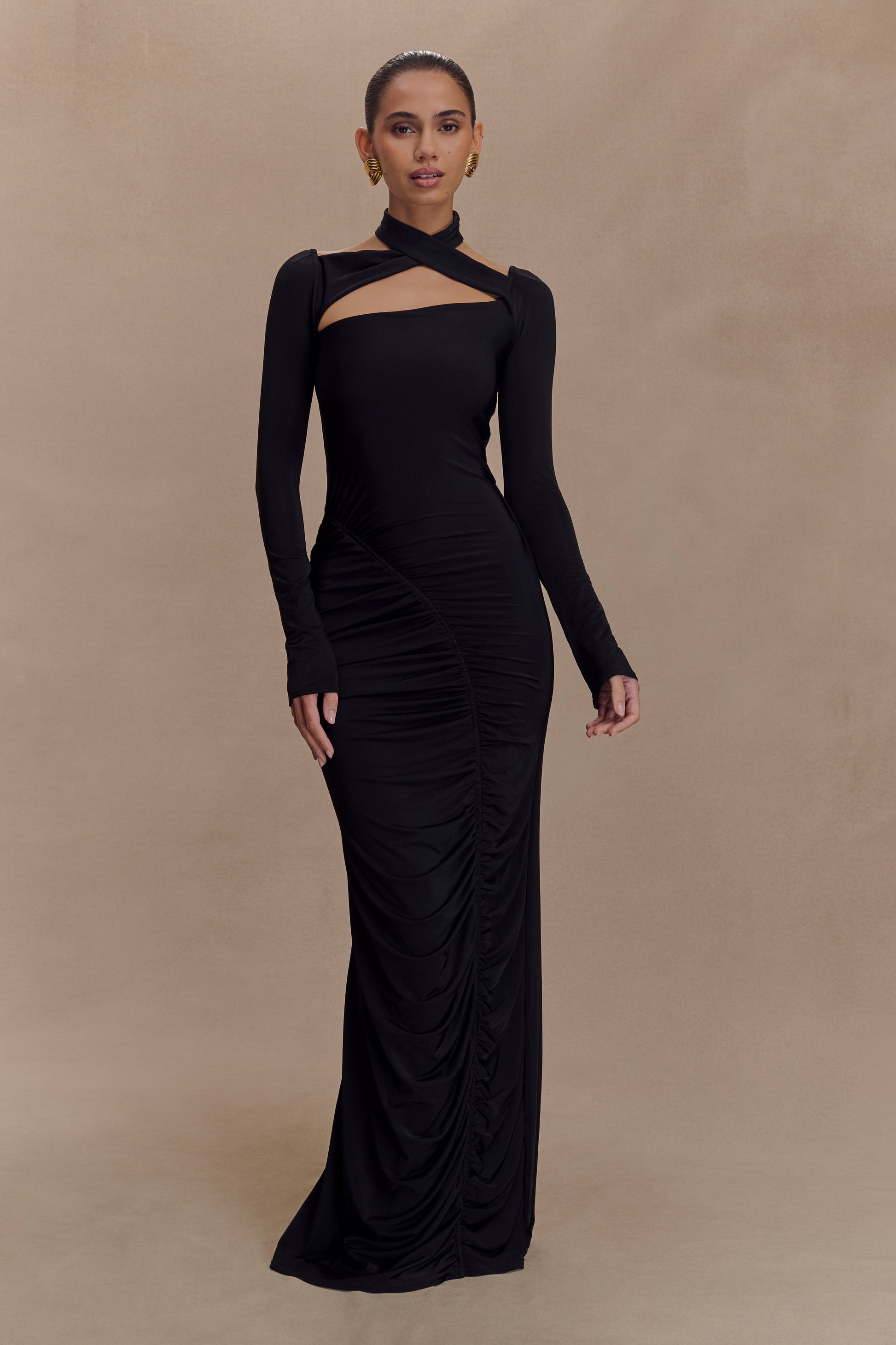 Lyndon Long Sleeve Slinky Maxi Dress / Black | MESHKI