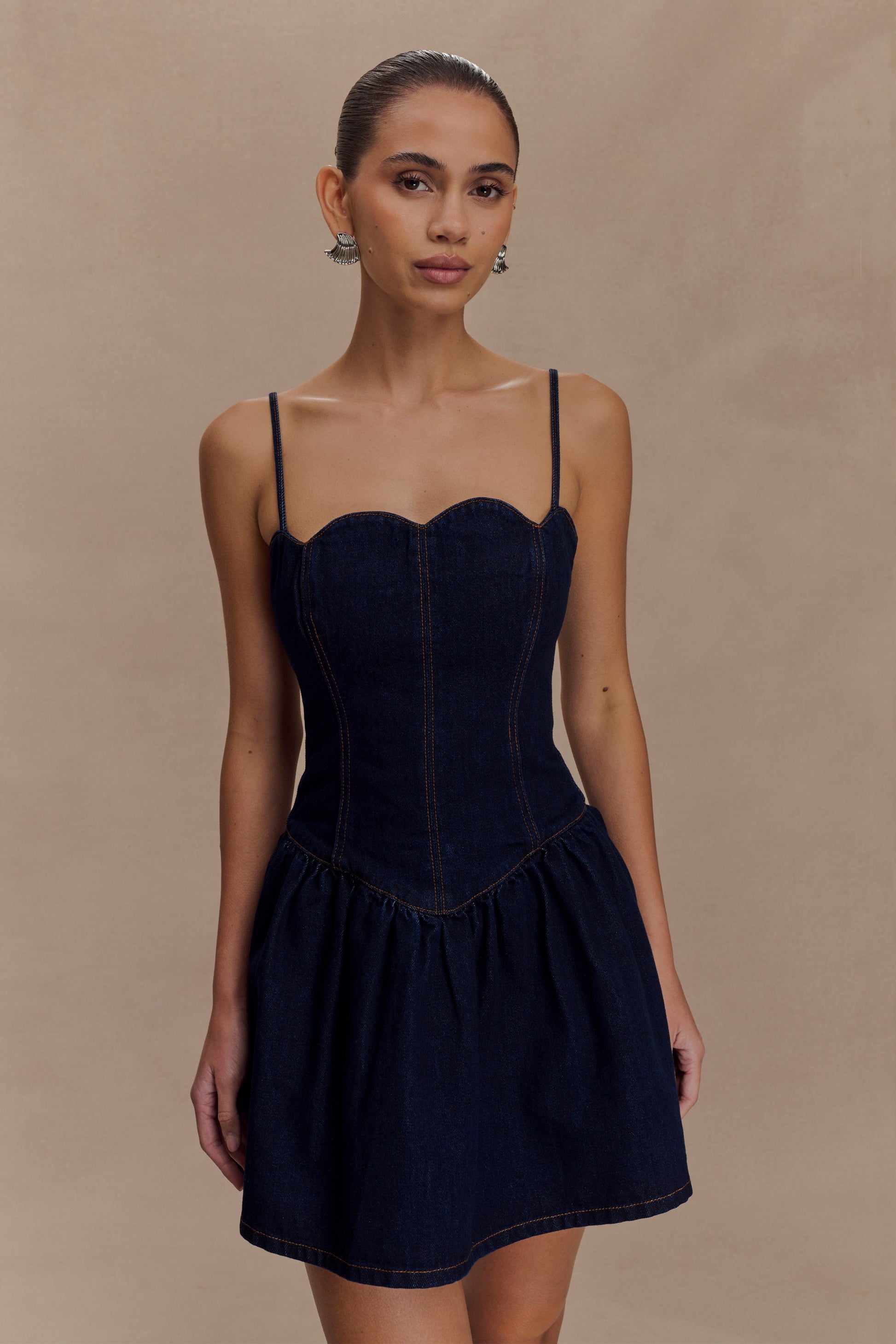 Cheyenne Scallop Denim Mini Dress - Indigo Blue | MESHKI US Cheyenne Scallop Denim Mini Dress - Indigo Blue | MESHKI US