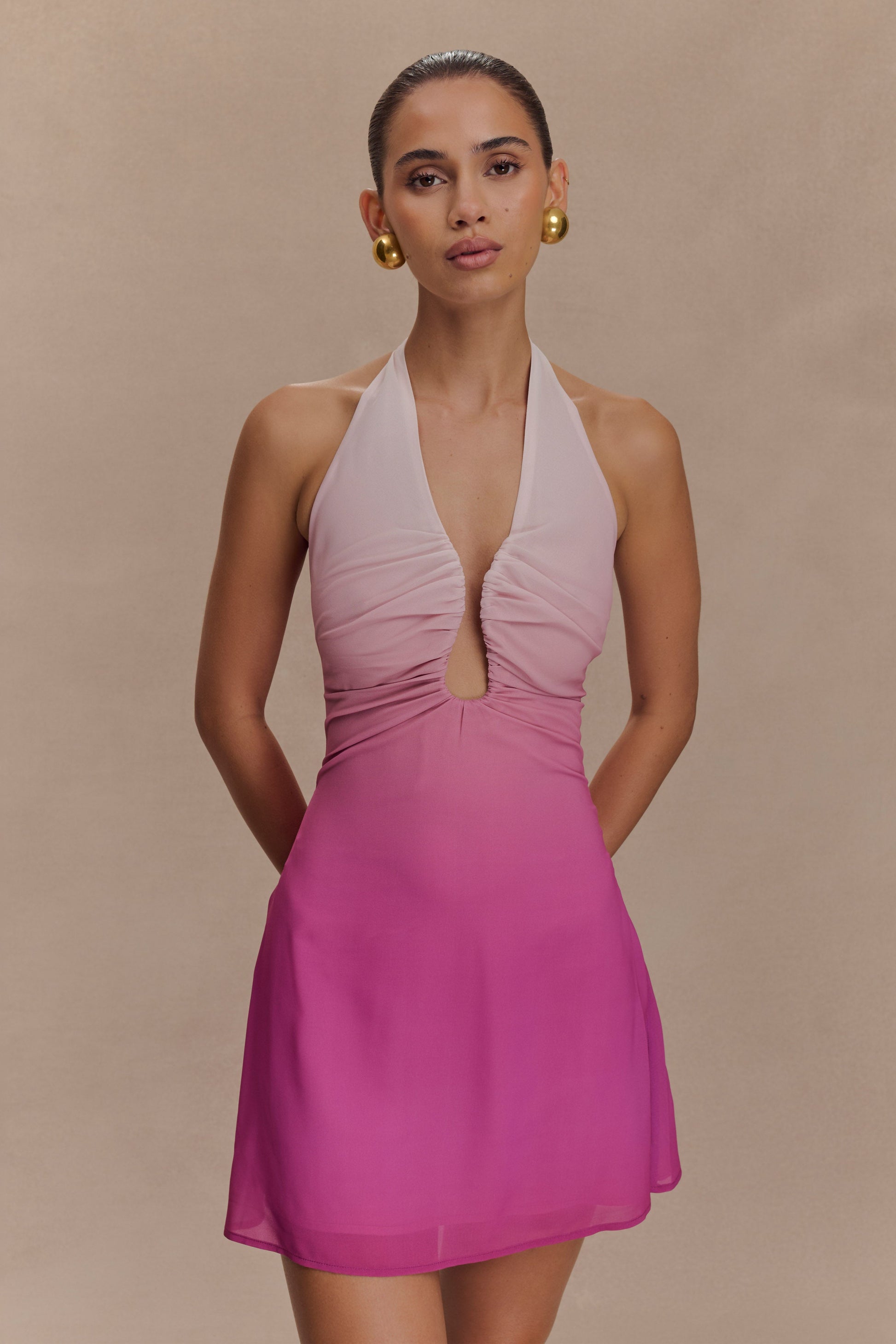 Malakhai Chiffon Halter Mini Dress / Ombre Pink | MESHKI | XXS Malakhai Chiffon Halter Mini Dress / Ombre Pink | MESHKI | XXS