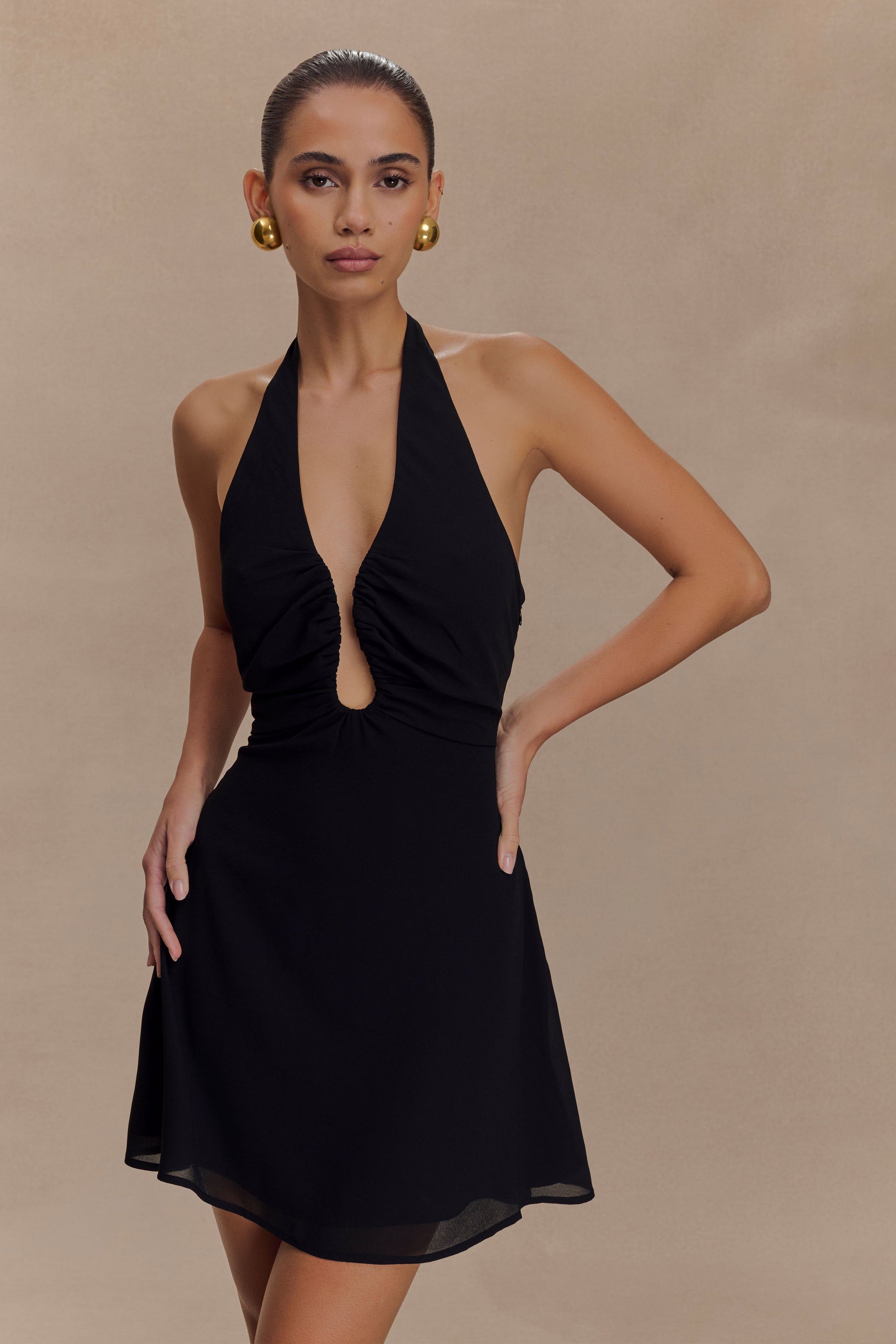 Malakhai Chiffon Halter Mini Dress - Black | MESHKI US Malakhai Chiffon Halter Mini Dress - Black | MESHKI US