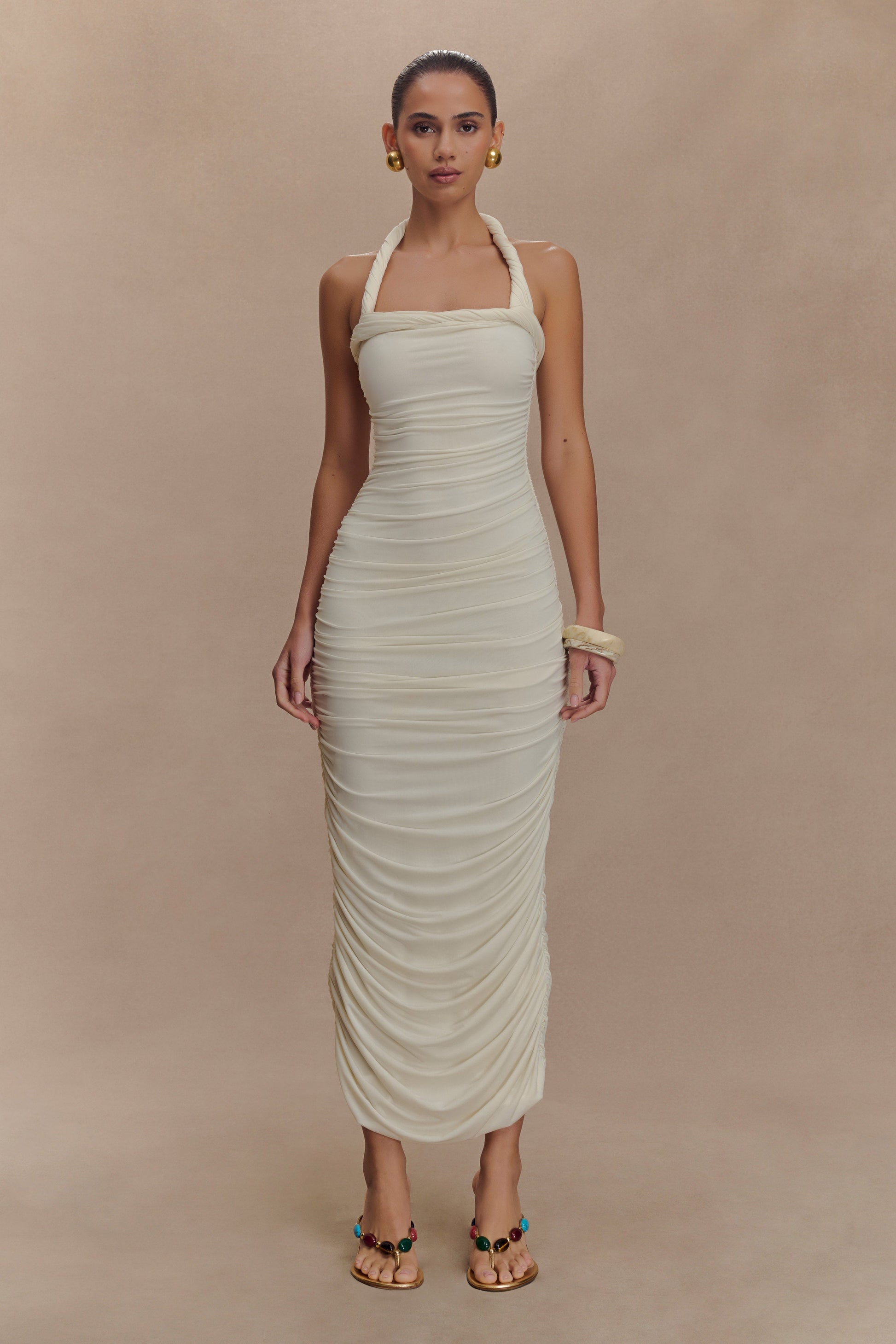 Camila Ruched Halter Midi Dress / Ivory | MESHKI | XS Camila Ruched Halter Midi Dress / Ivory | MESHKI | XS