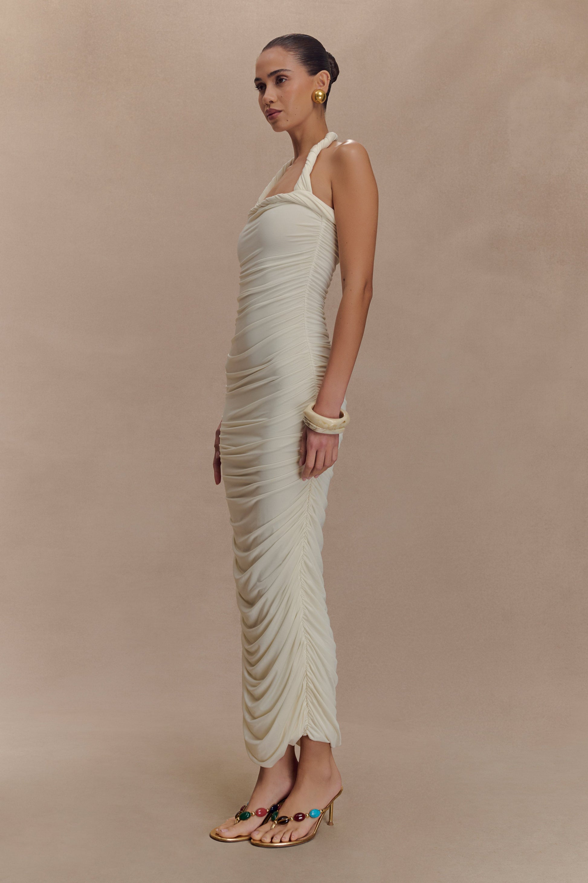 Camila Ruched Halter Midi Dress / Ivory | MESHKI | XS Camila Ruched Halter Midi Dress / Ivory | MESHKI | XS