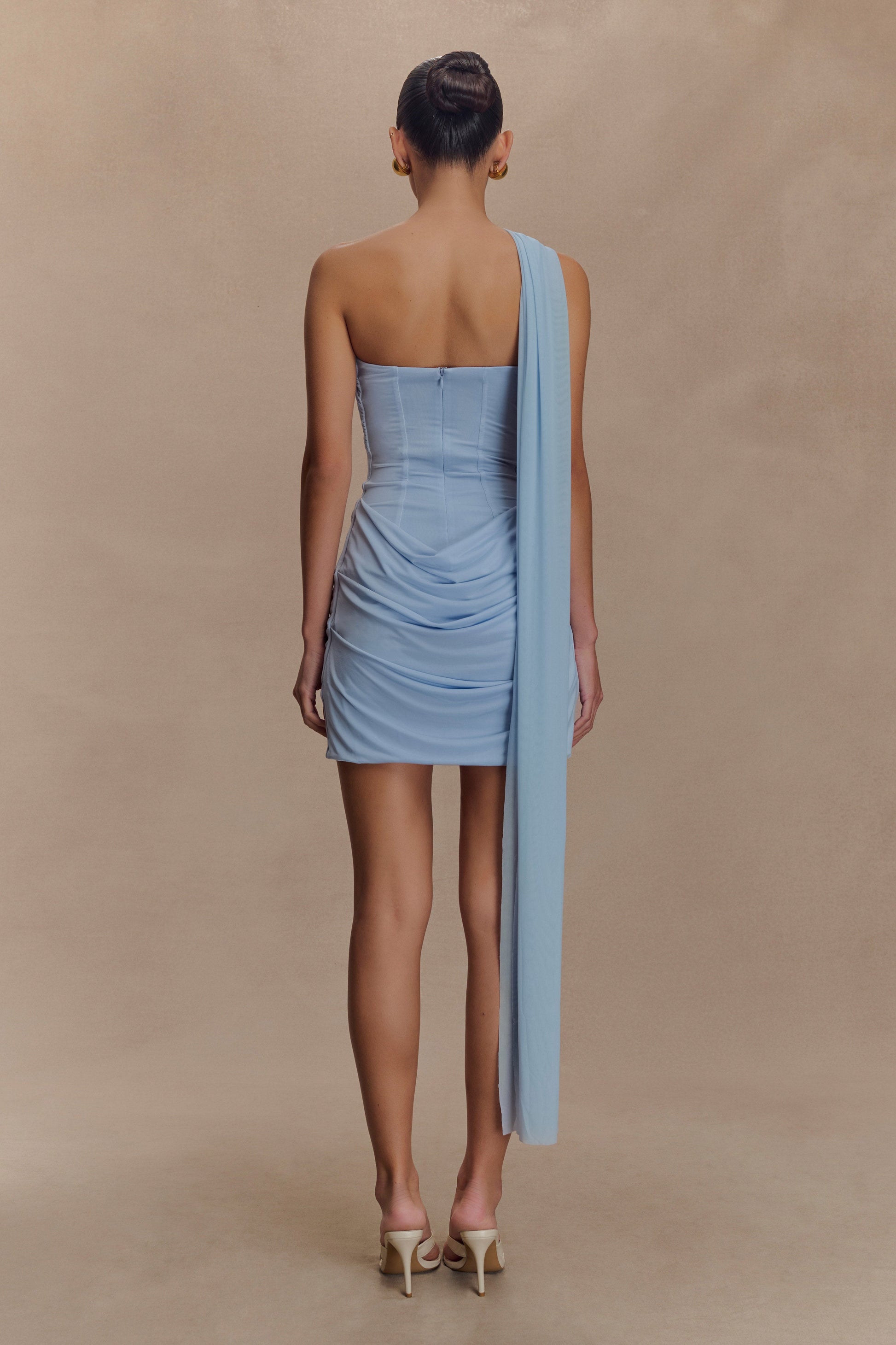 Mattea Slinky And Mesh Mini Dress With Scarf - Powder Blue #2