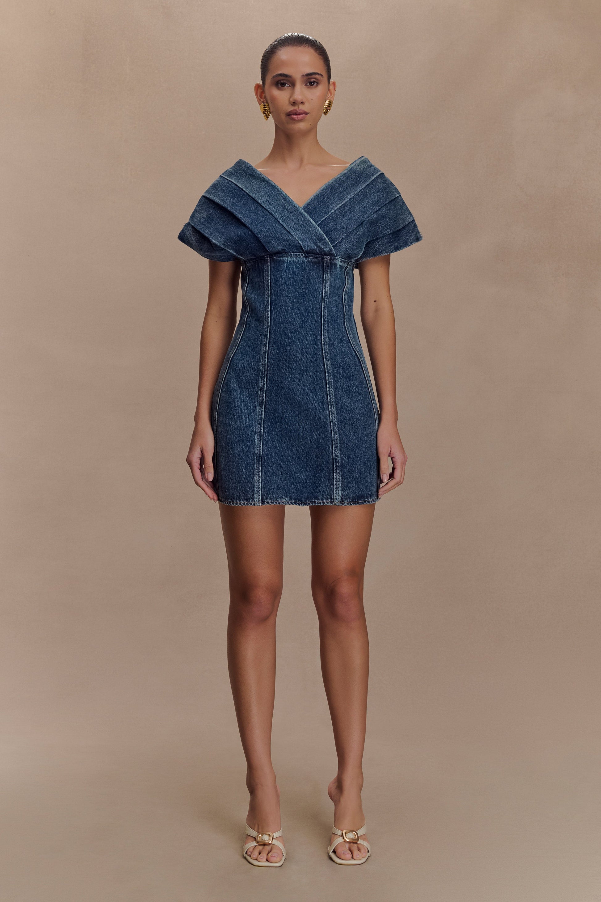 Pascale Off Shoulder Denim Mini Dress - Washed Dark Blue | MESHKI US Pascale Off Shoulder Denim Mini Dress - Washed Dark Blue | MESHKI US