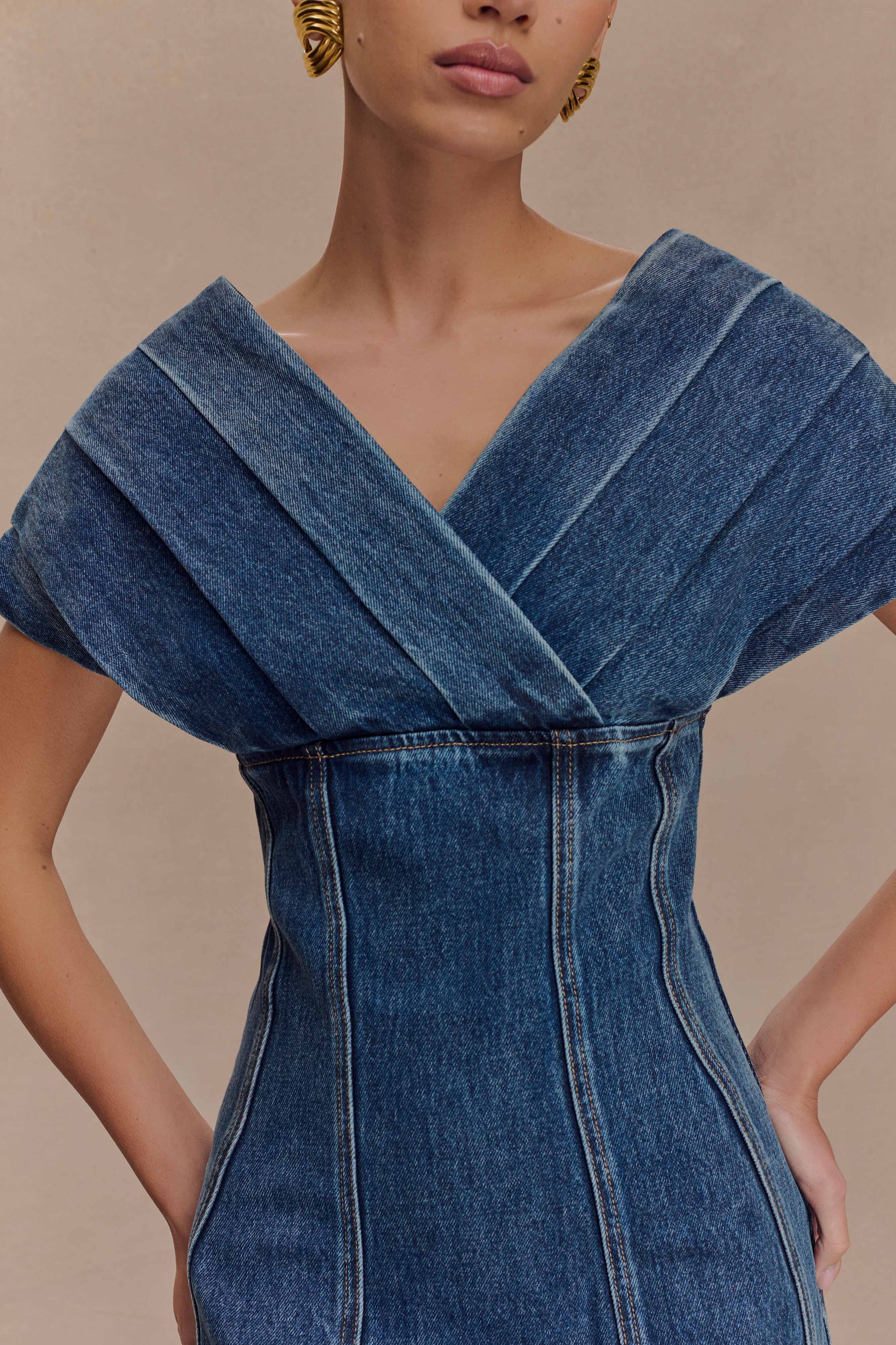 Pascale Off Shoulder Denim Mini Dress - Washed Dark Blue | MESHKI US Pascale Off Shoulder Denim Mini Dress - Washed Dark Blue | MESHKI US
