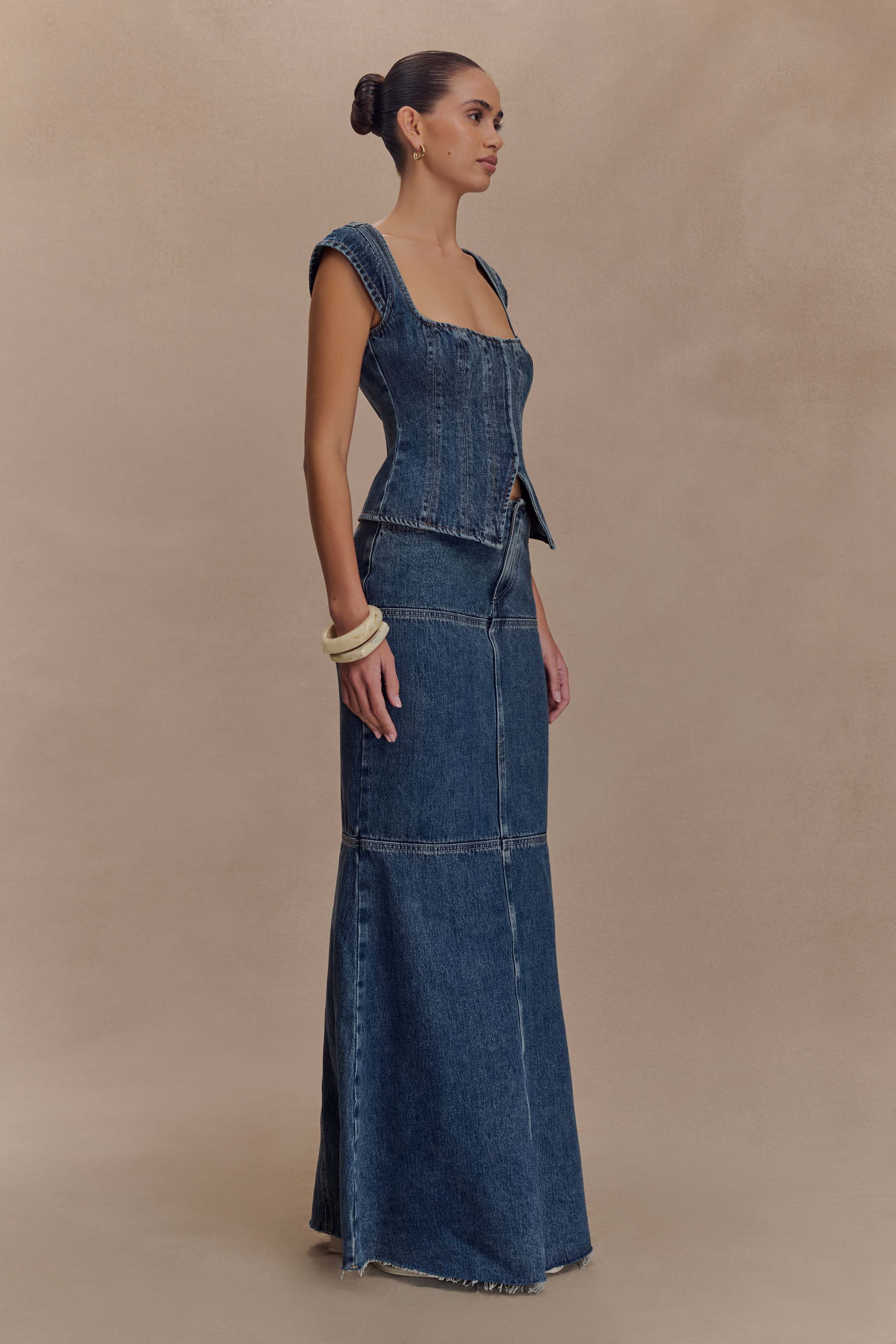 Loretta Cap Sleeve Denim Top - Washed Dark Blue | MESHKI US