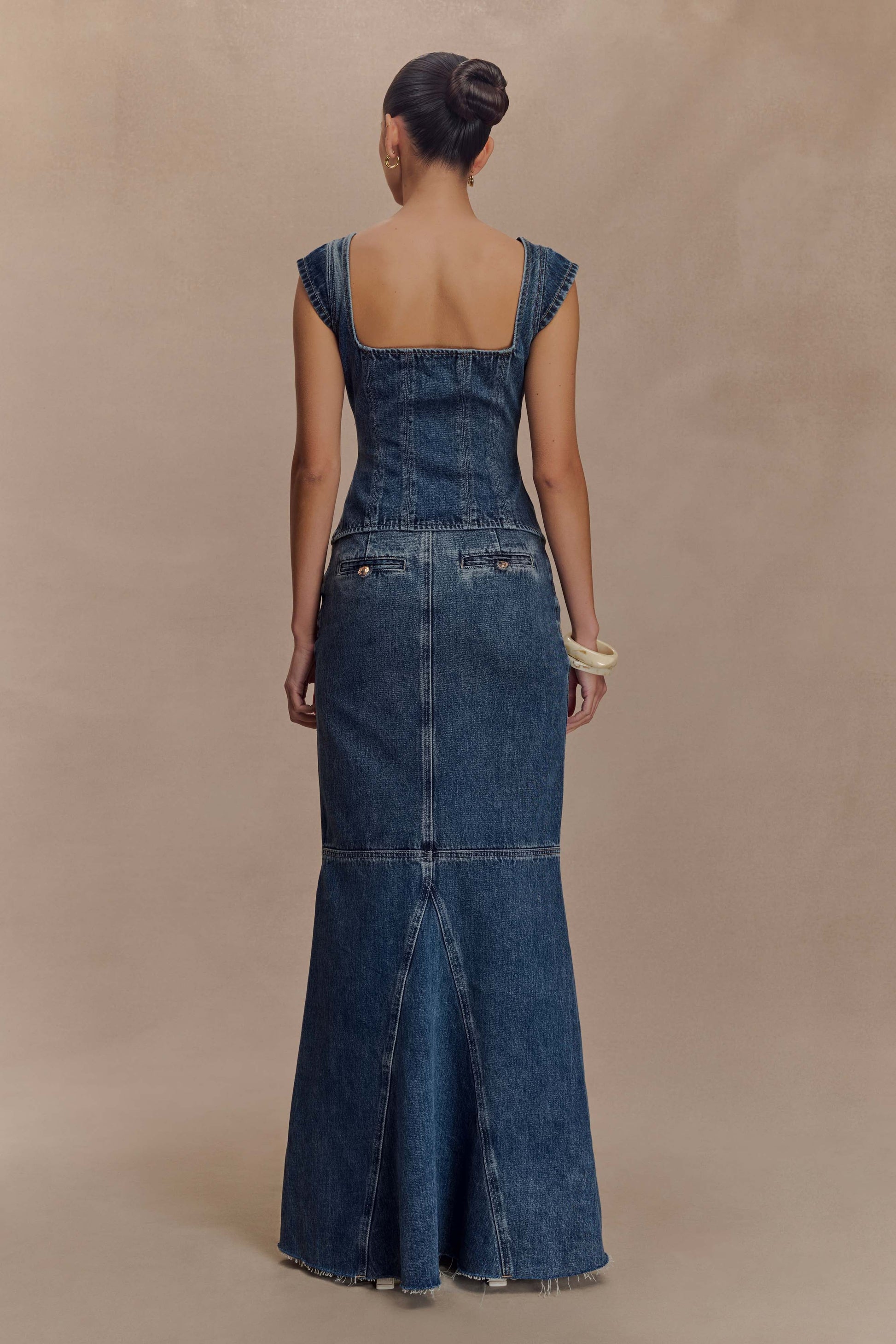 Loretta Cap Sleeve Denim Top / Washed Dark Blue | Meshki | M Loretta Cap Sleeve Denim Top / Washed Dark Blue | Meshki | M