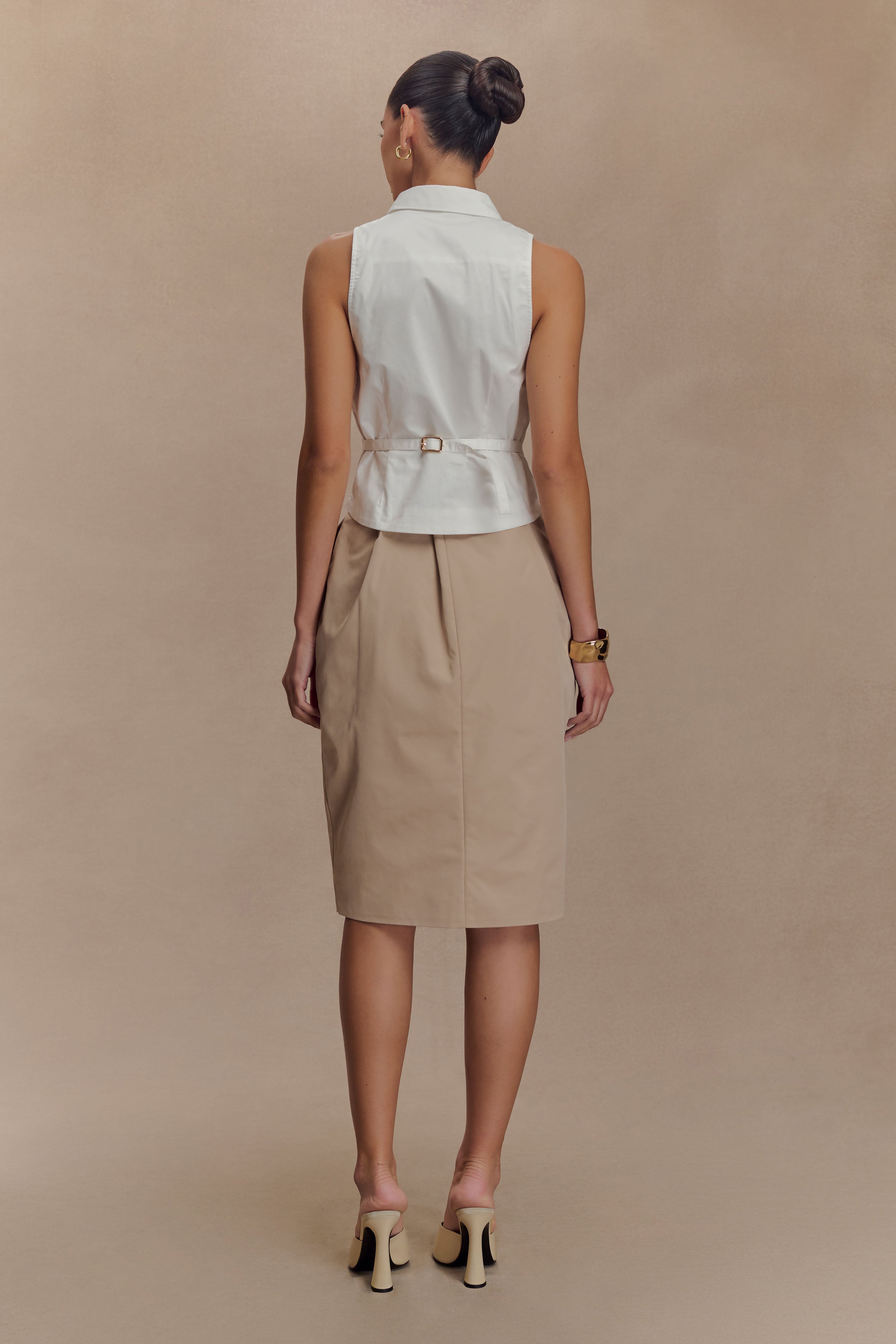 Vera Twill Split Front Midi Skirt - Camel | MESHKI US