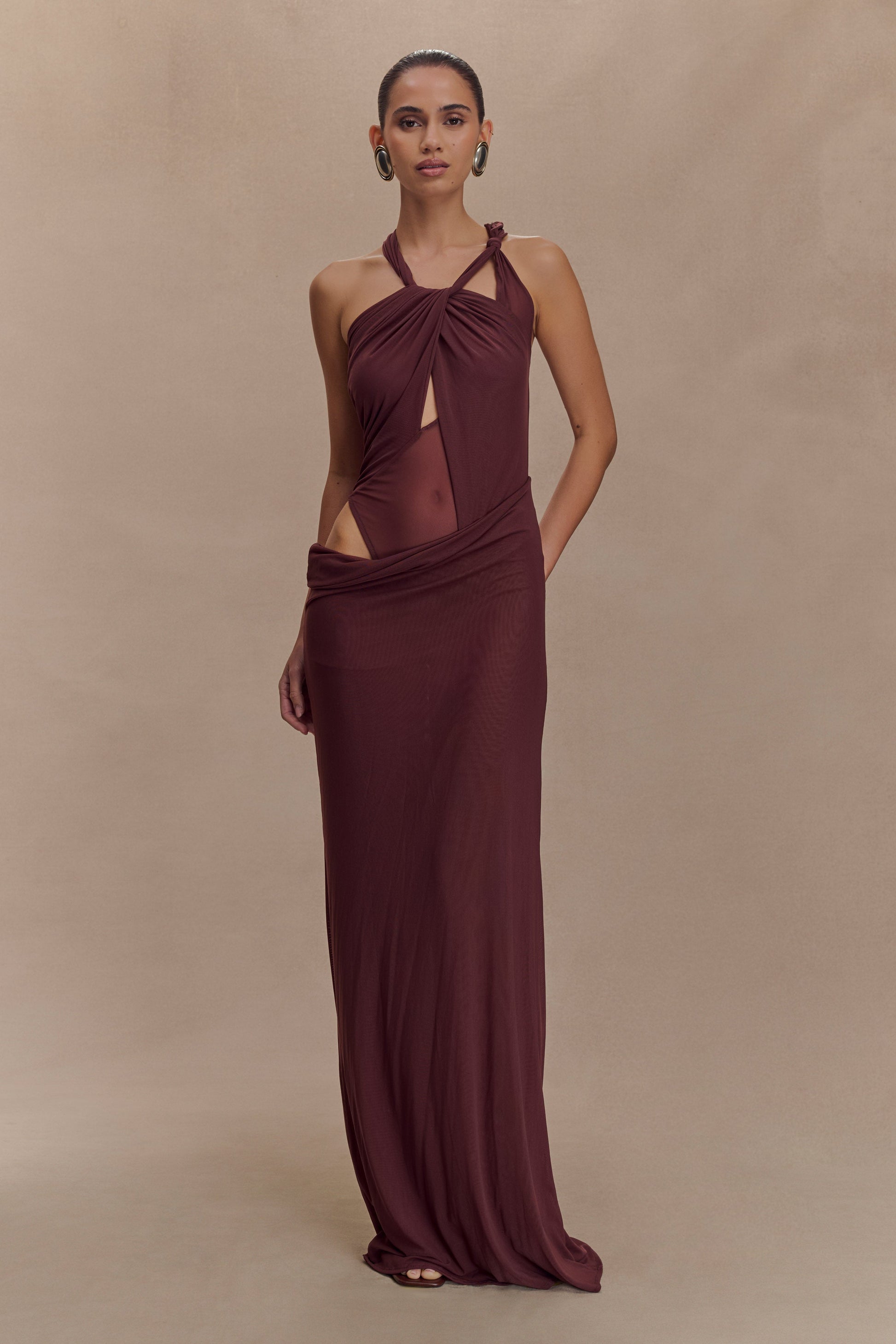 Edwina Knotted Mesh Maxi Dress / Mahogany | Meshki | XXS Edwina Knotted Mesh Maxi Dress / Mahogany | Meshki | XXS