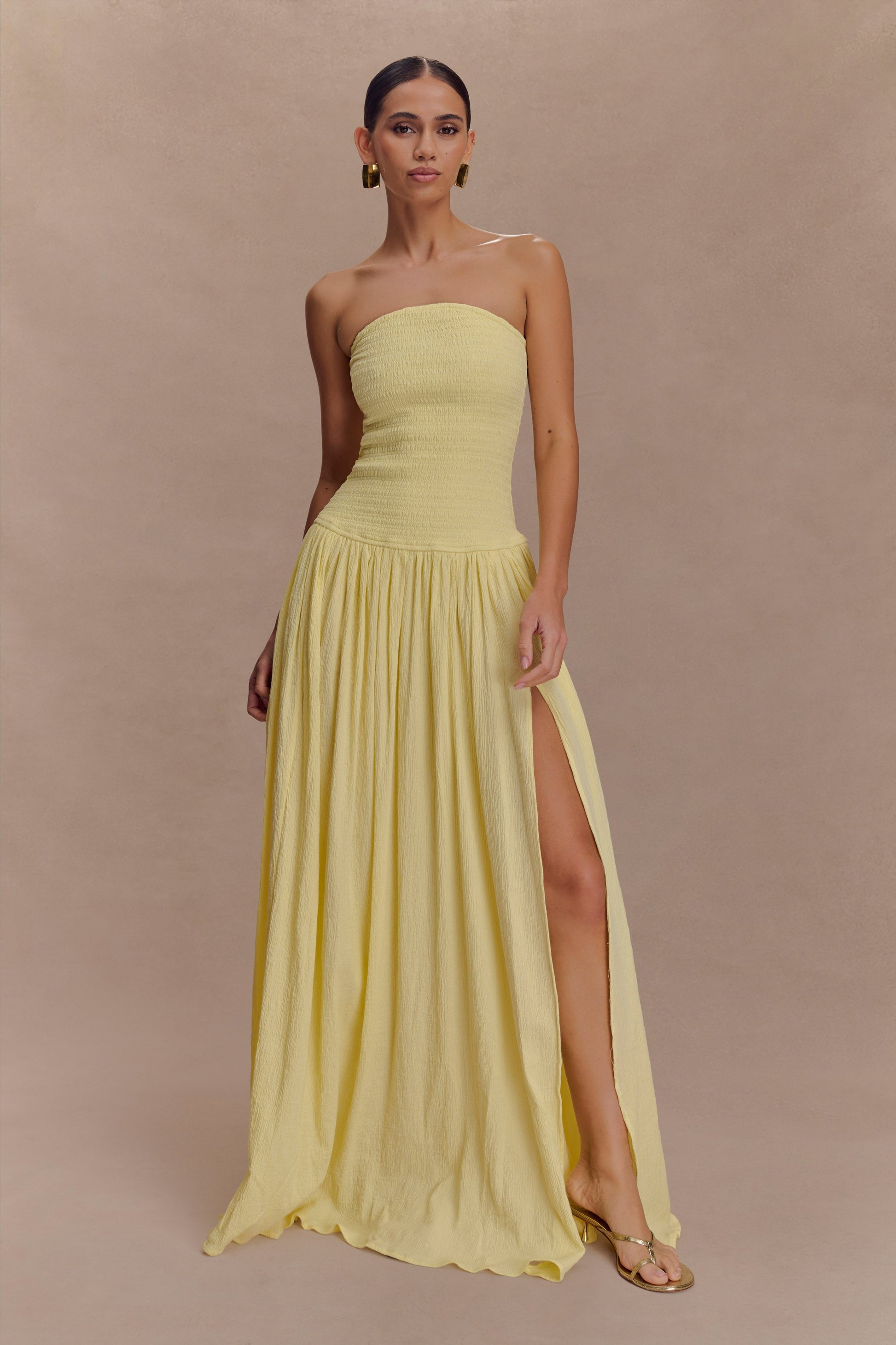 Maureen Cotton Shirring Maxi Dress - Lemon Maureen Cotton Shirring Maxi Dress - Lemon