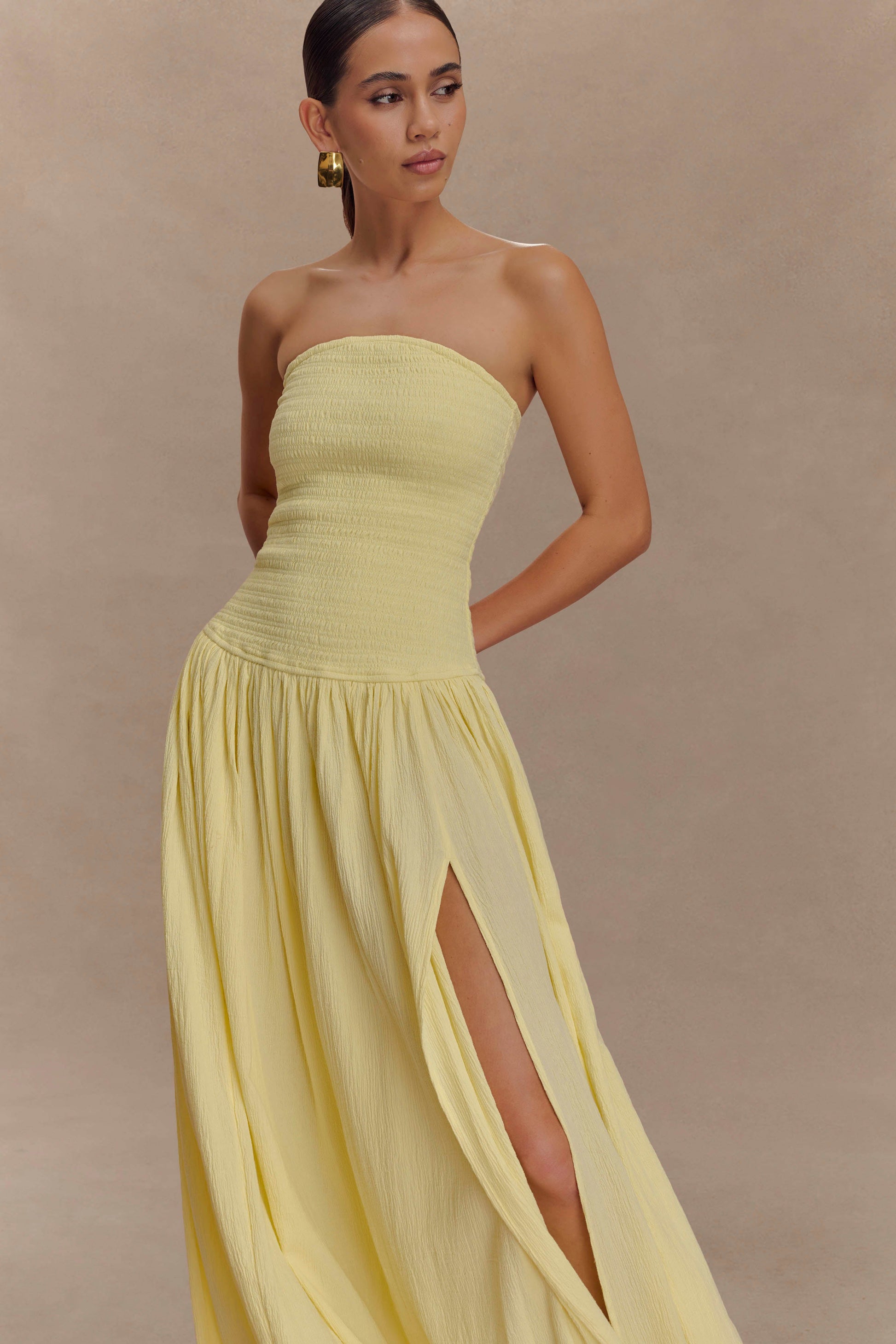 Maureen Cotton Shirring Maxi Dress - Lemon | MESHKI US Maureen Cotton Shirring Maxi Dress - Lemon | MESHKI US