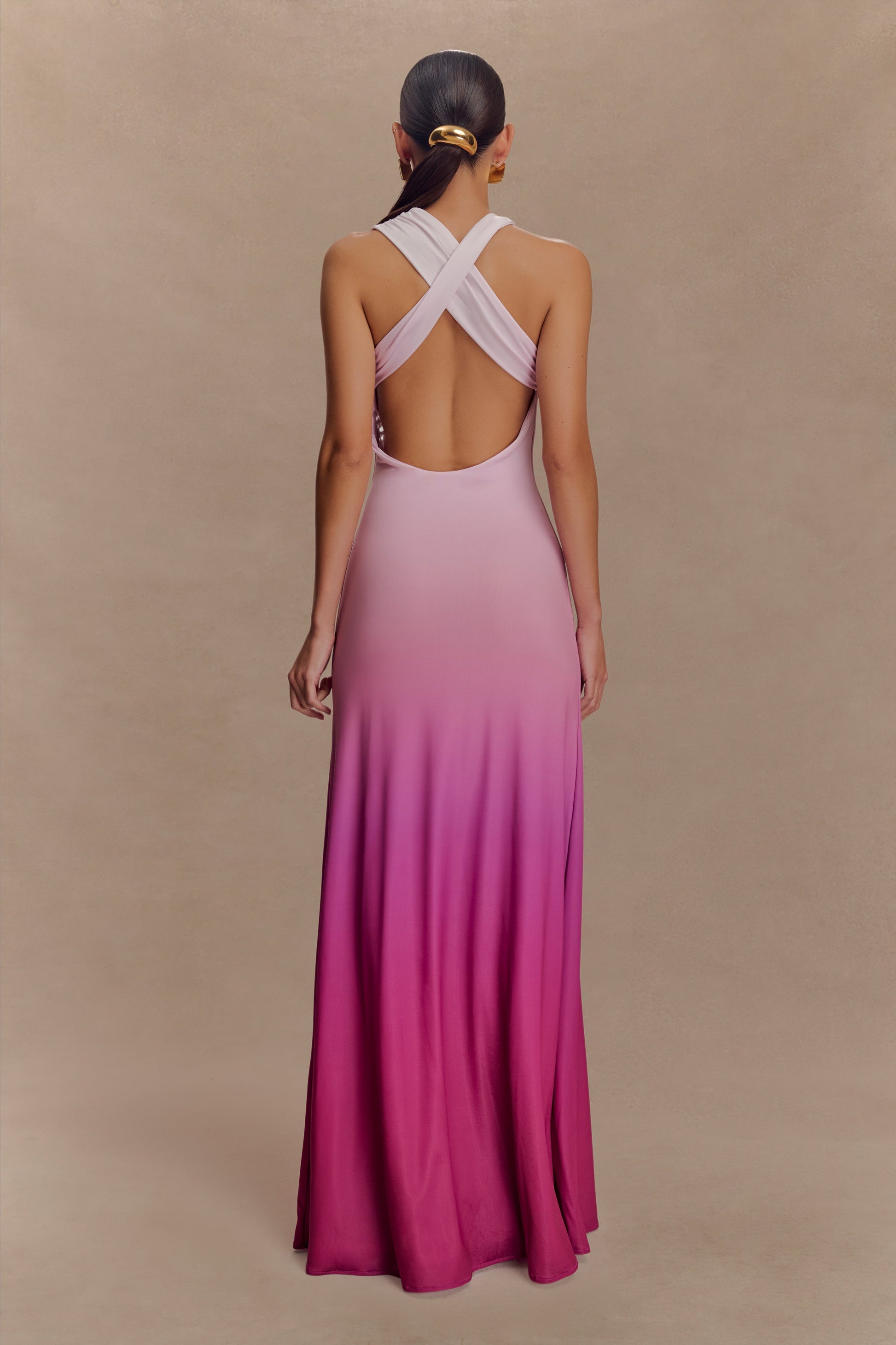 Marlee Asymmetrical Slinky Maxi Dress / Ombre Pink | MESHKI