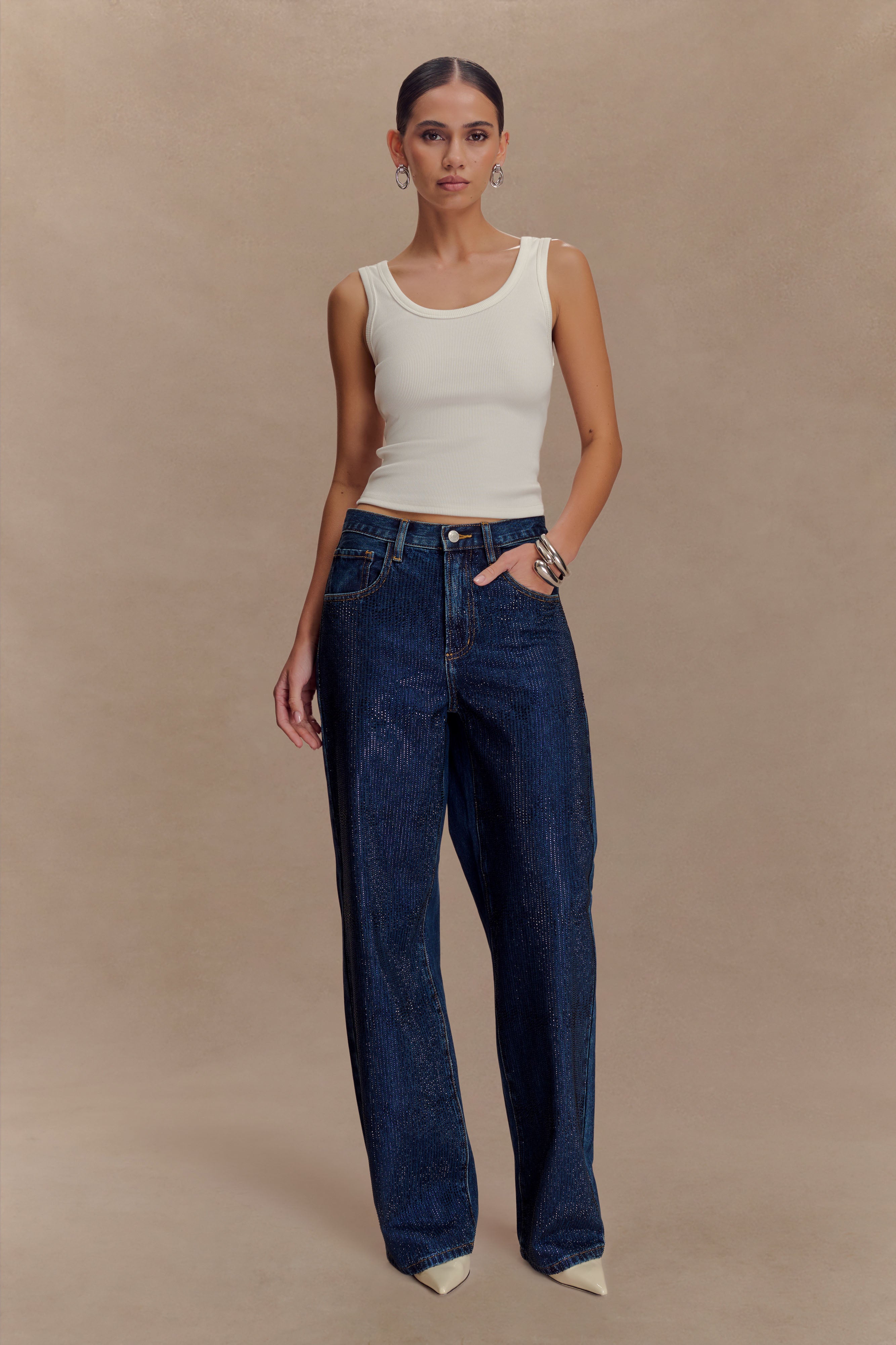Laina Mid Rise Diamante Denim Jeans - Midnight Blue | MESHKI US