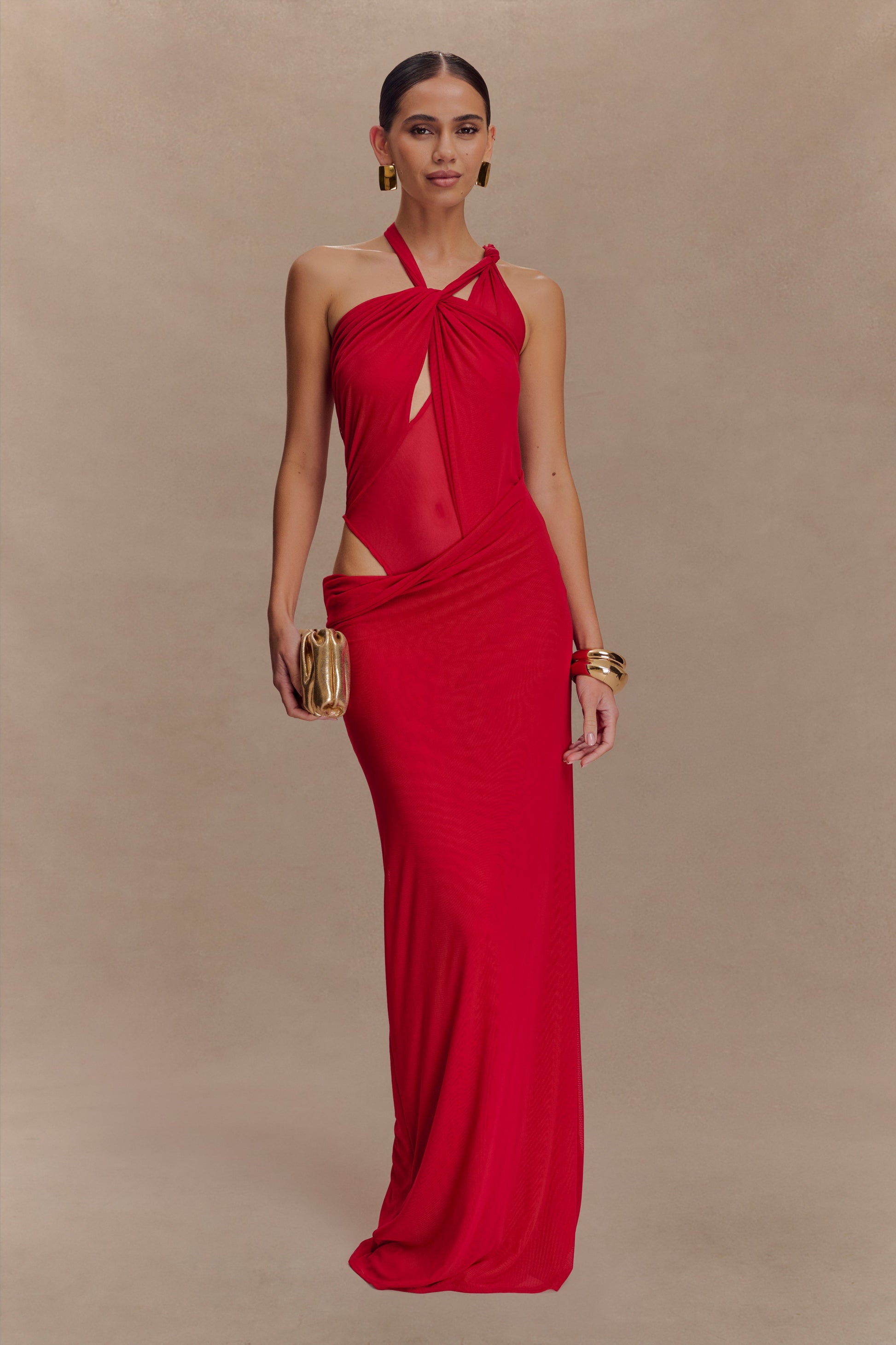 Edwina Knotted Mesh Maxi Dress / Red | MESHKI