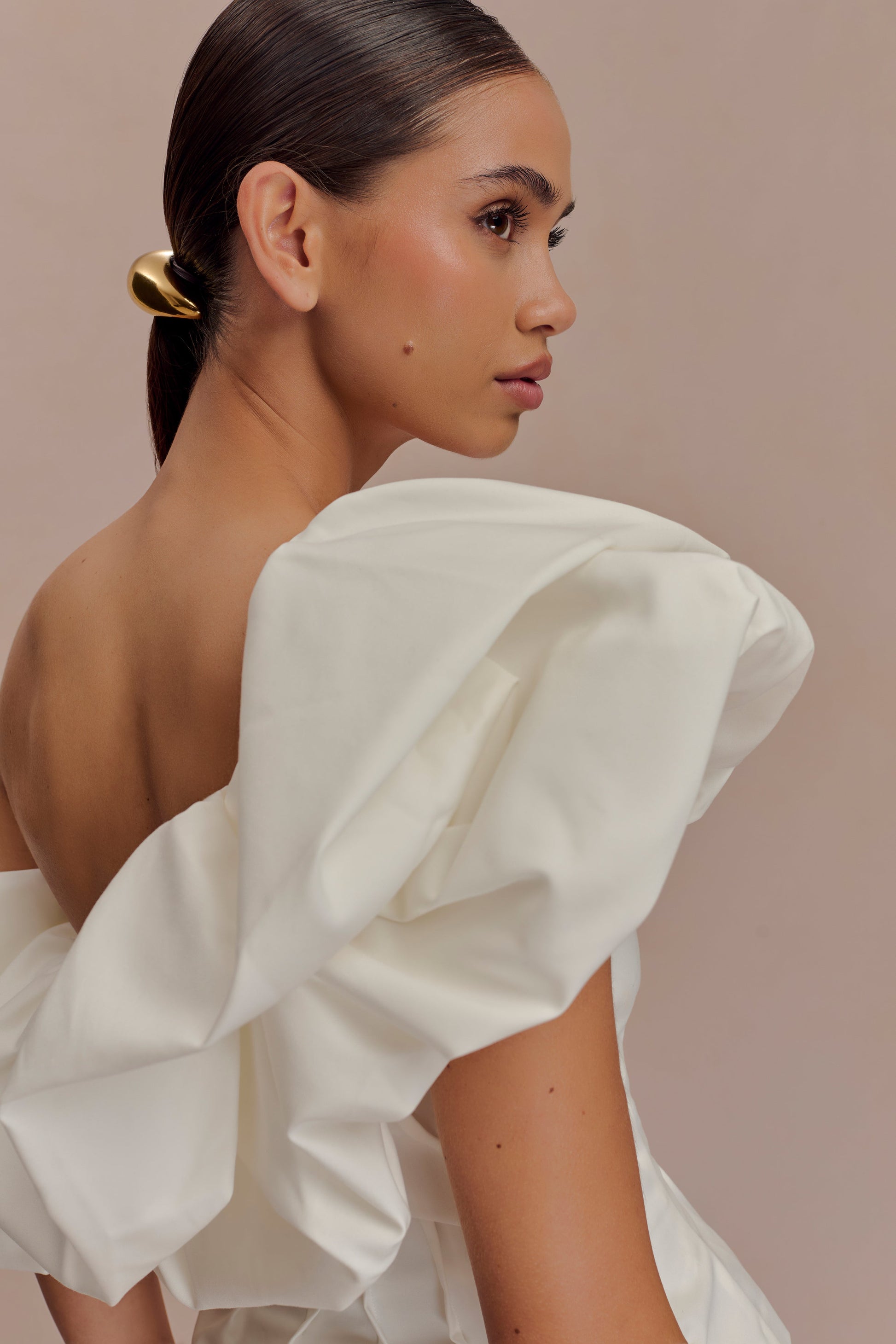 one shoulder bubble dress One Shoulder Bubble Waist Midi Dress in Off-White